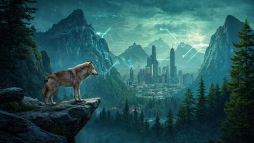 Бесплатное фото Волк стоит на утесе, окруженном величественными горными хребтами.