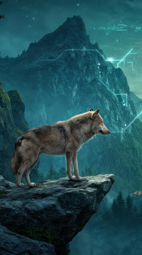 Бесплатное фото Волк стоит на утесе, окруженном величественными горными хребтами.