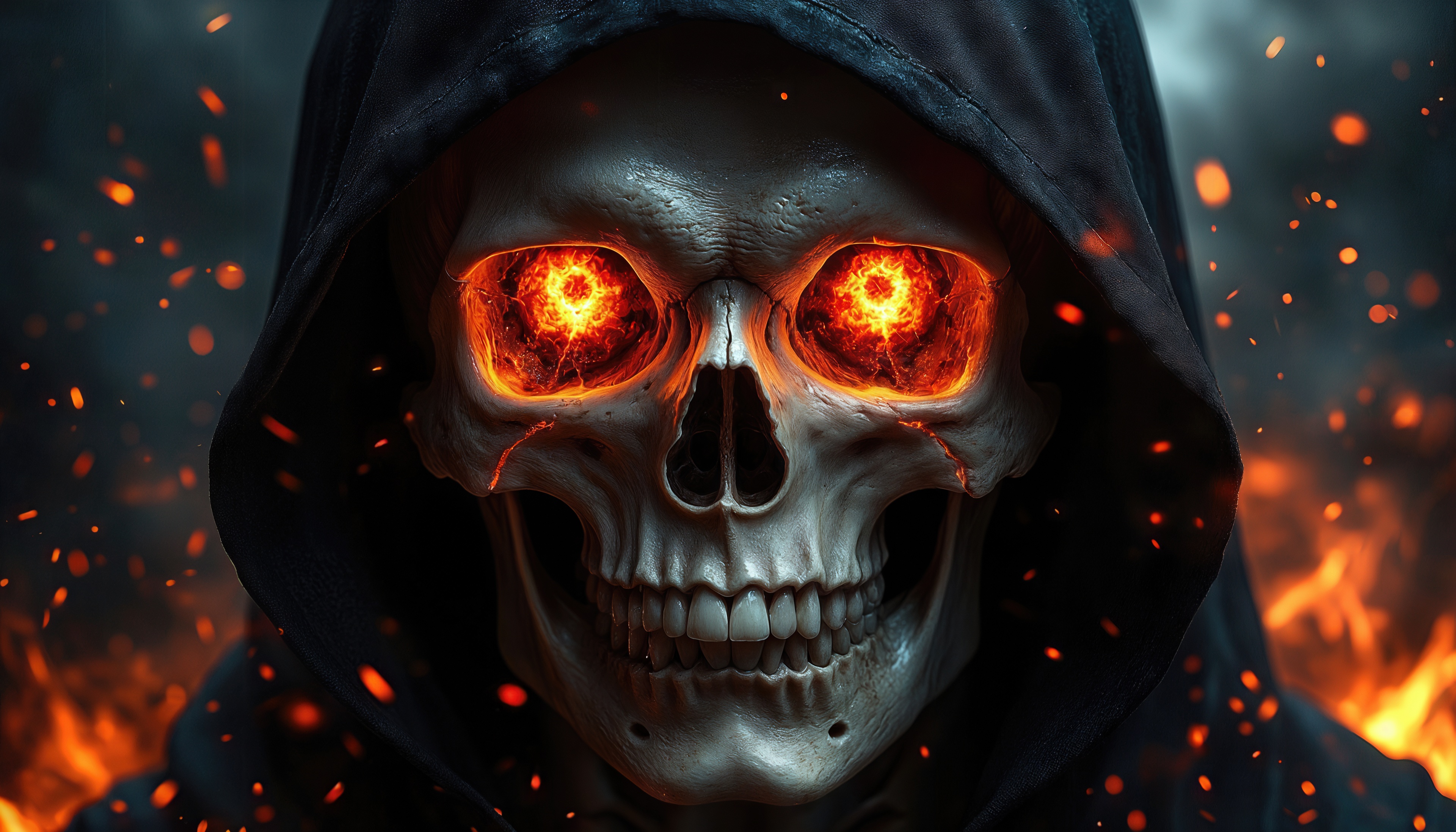 Free photo The hooded skull glows with fire, the gaze incinerates everything around.