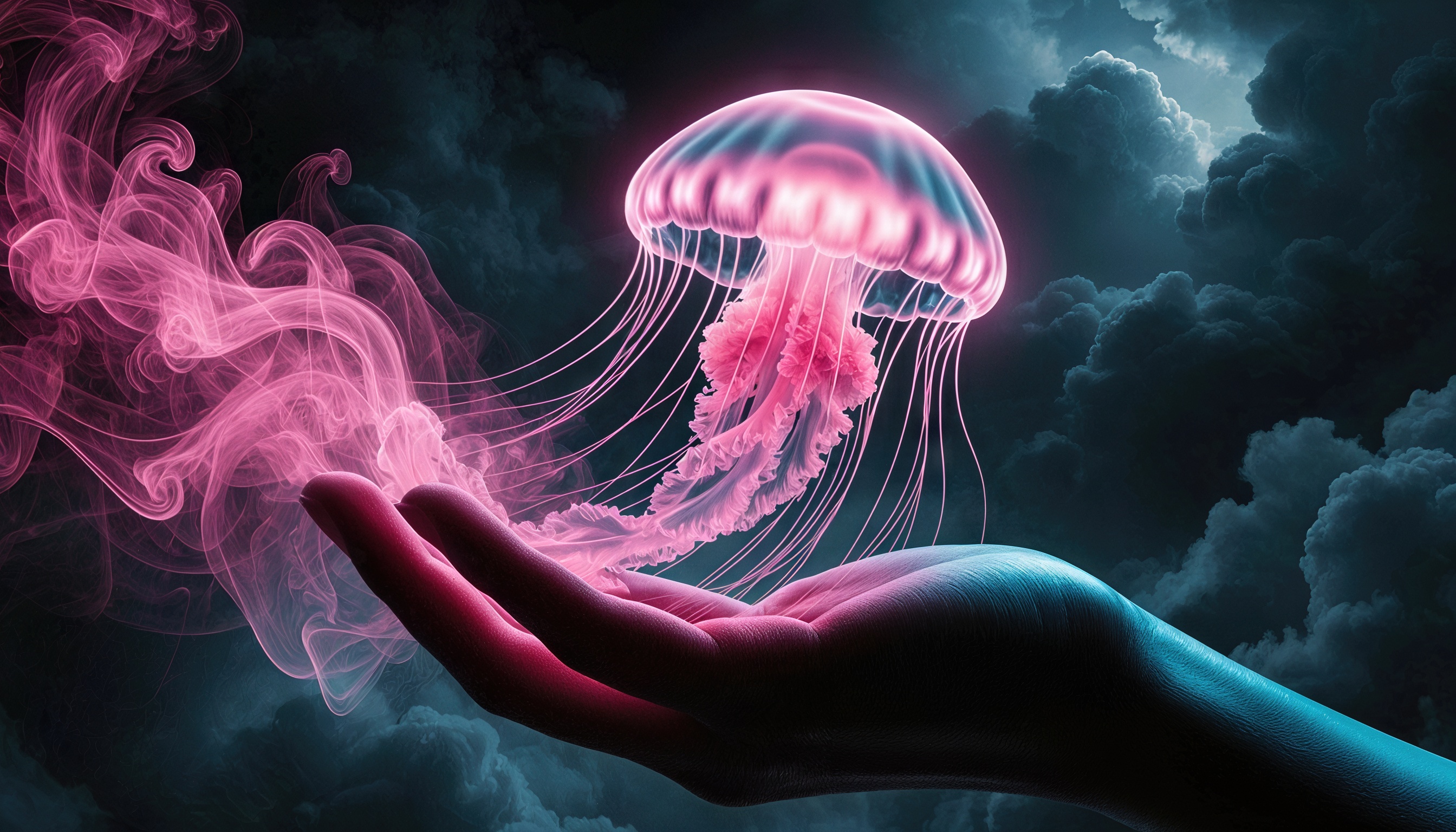 Рука держит светящуюся розовым светом медузу на фоне темных облаков и розовых дымок.