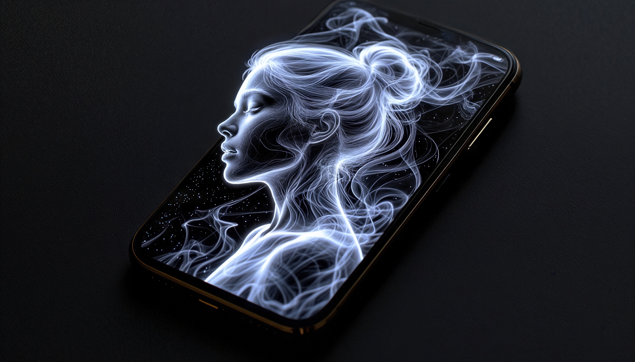 Бесплатное фото Смартфон с изображением женщины в светлых тонах на темном фоне.