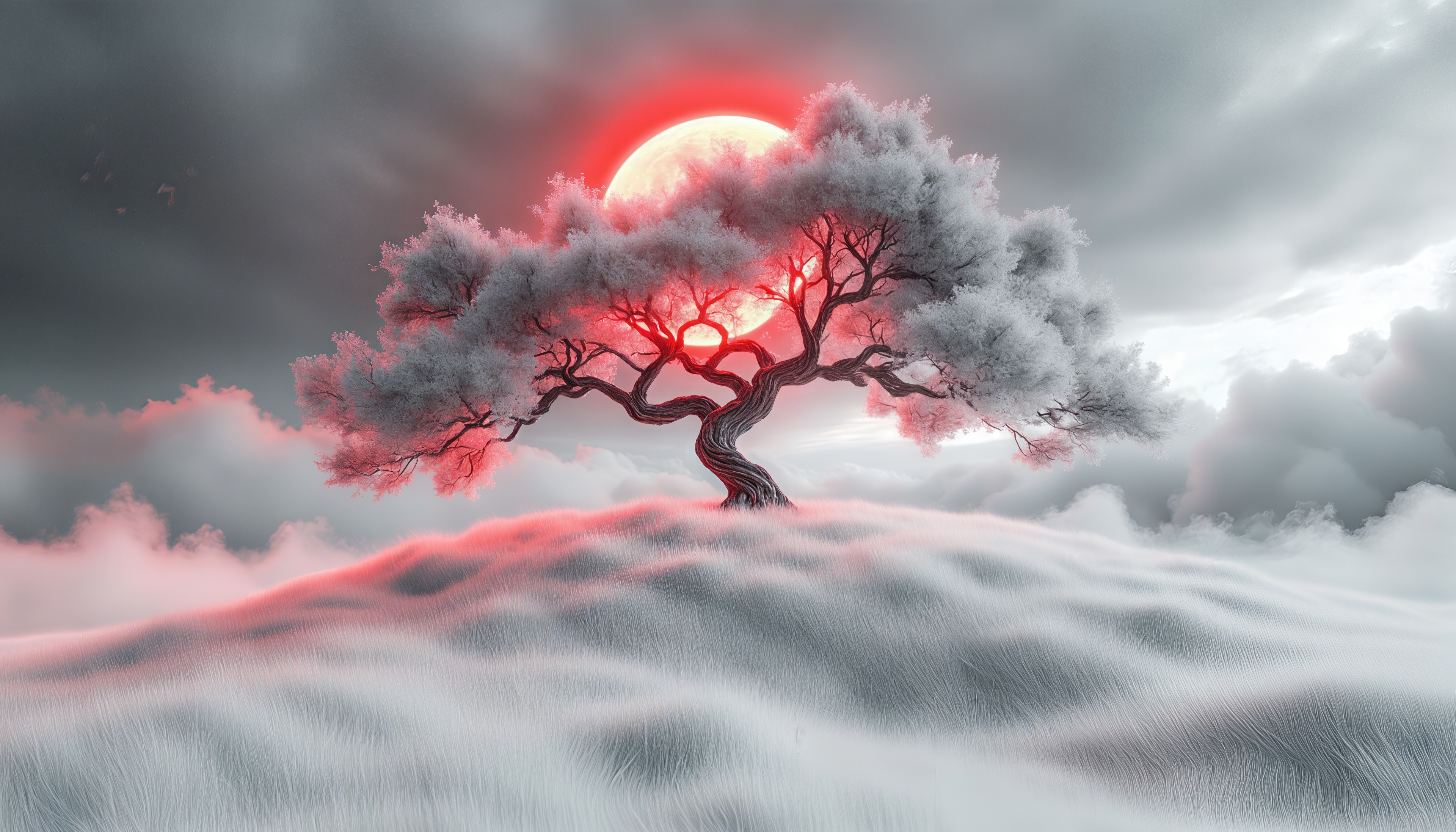 Free photo A lonely tree on a hill under the glow of the red moon.