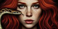 Девушка с рыжими волосами и змеей у лица.
