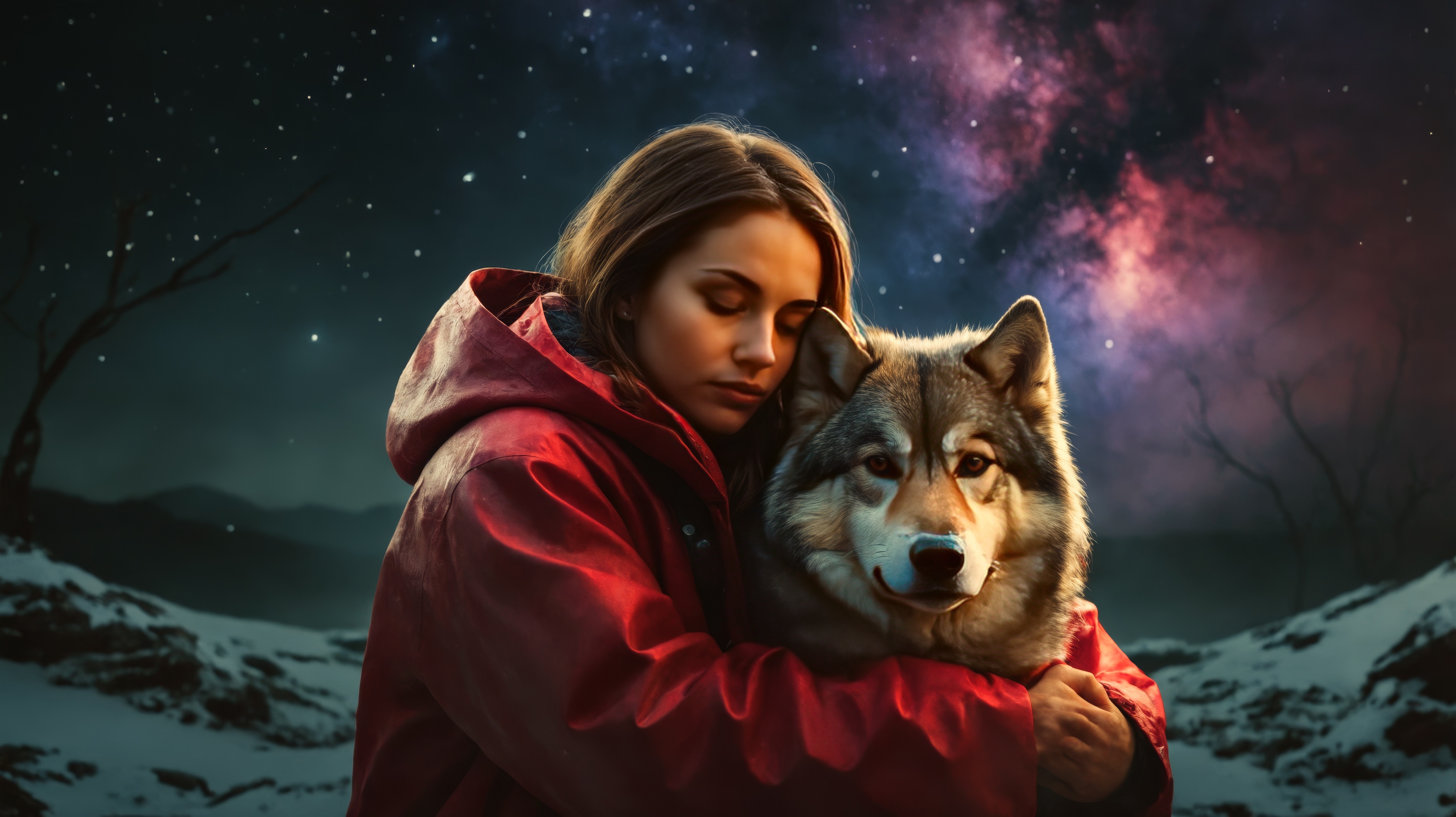 Женщина, держащая свою собаку, на фотографии в космической тематике