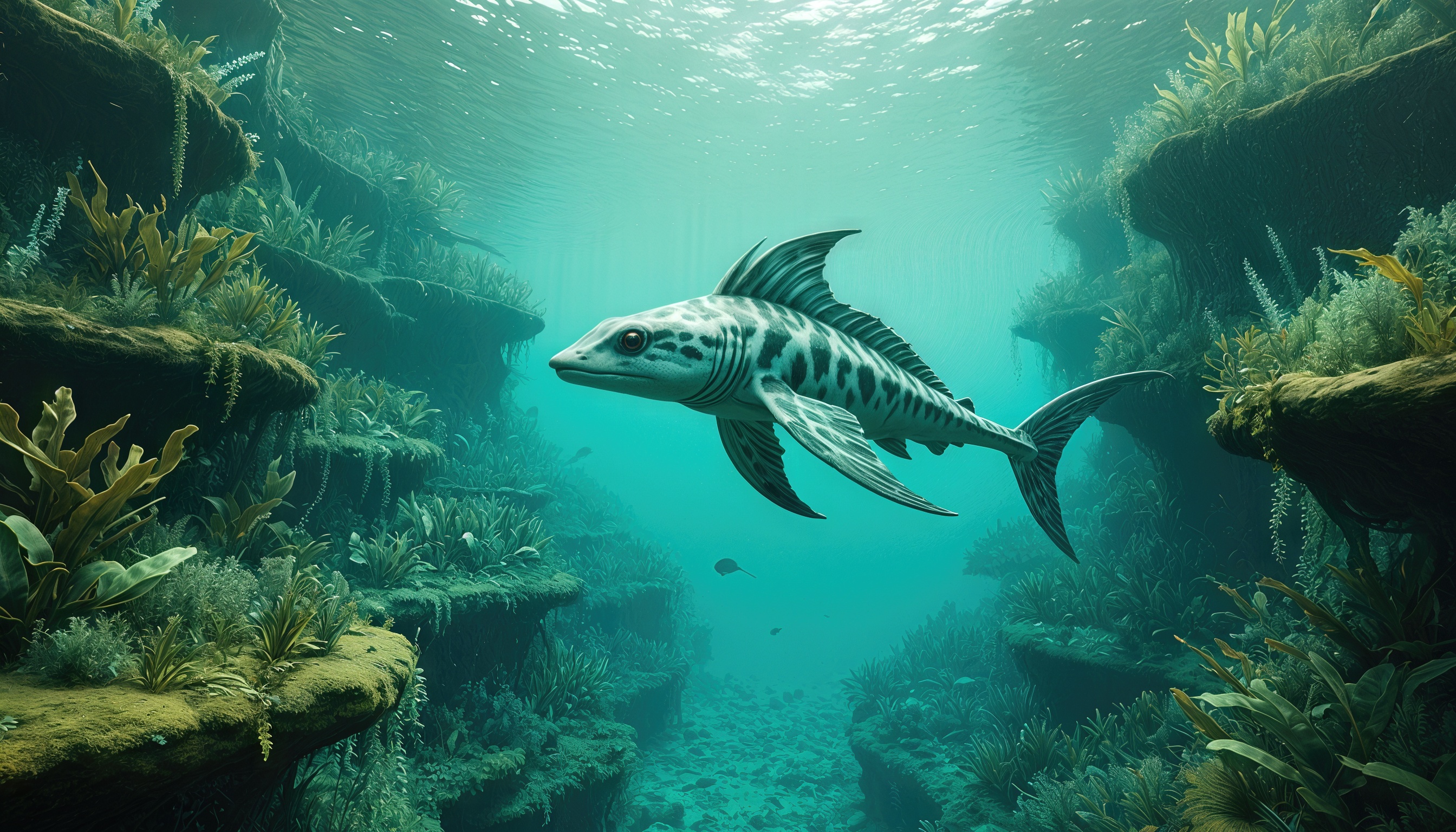 Бесплатное фото Подводный пейзаж с рыбой среди кораллов и морских растений.