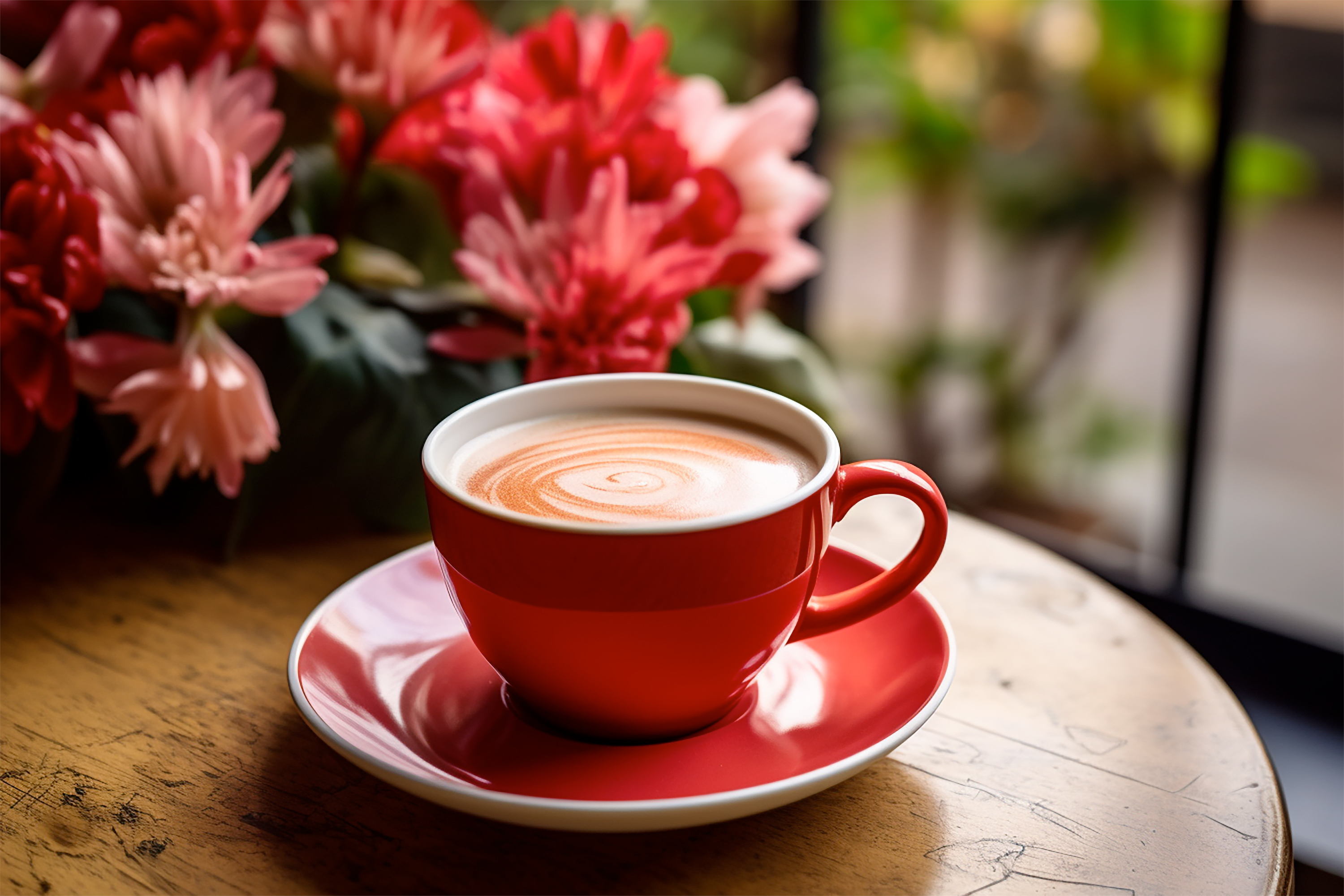 免费照片桌上一杯咖啡，一束红色鲜花