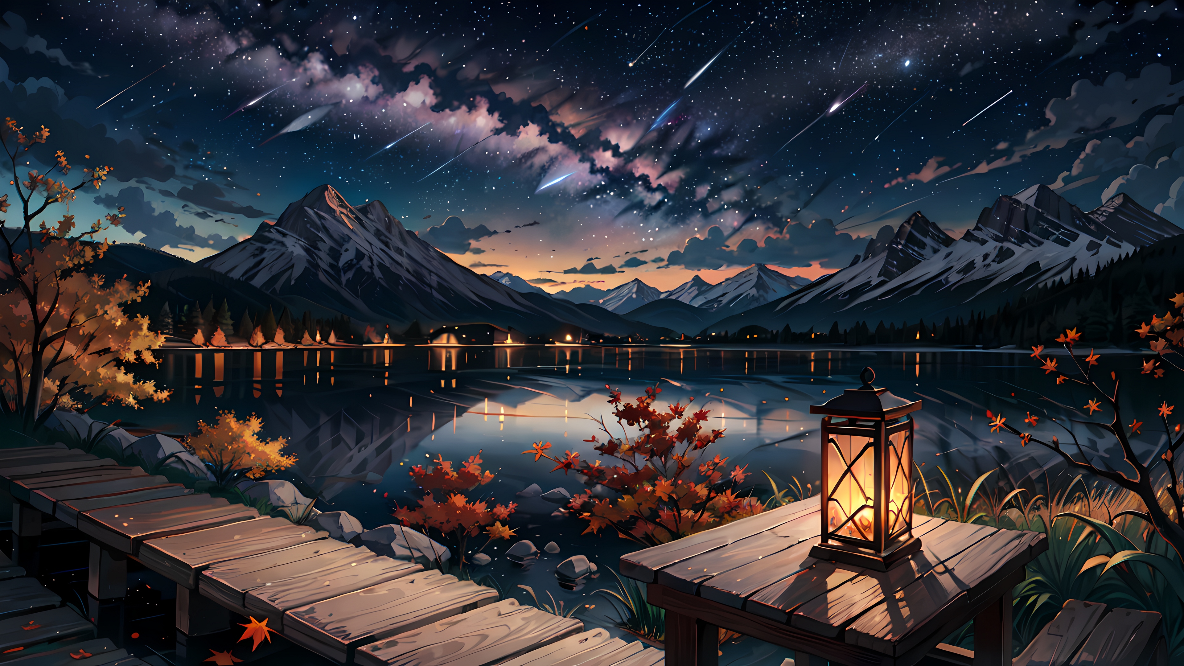 夜间在有湖的山上观星