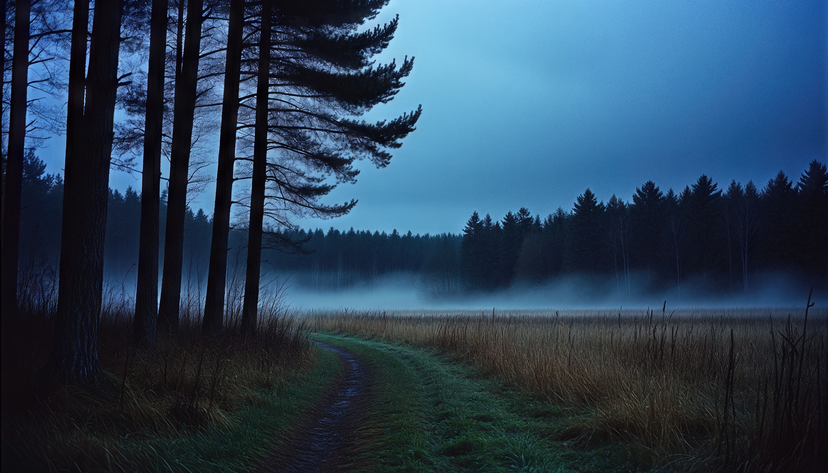 免费照片雾已经笼罩了田野，透过它可以看到松树之间的森林小径。