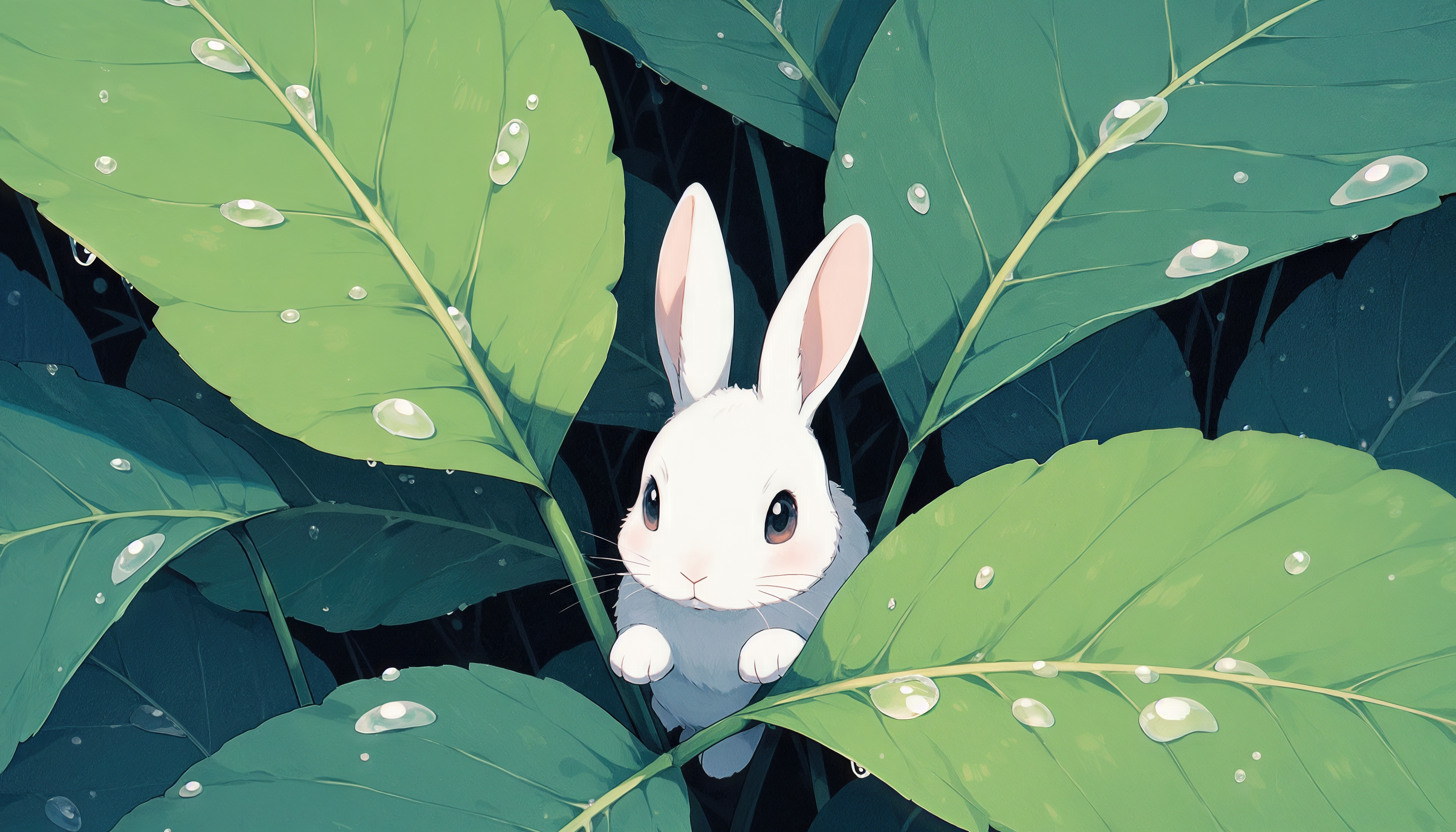 Free photo A small white rabbit hides in the dense green foliage among the transparent dew drops.