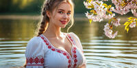 Русская девушка в традиционном наряде среди воды и цветущих ветвей сакуры.