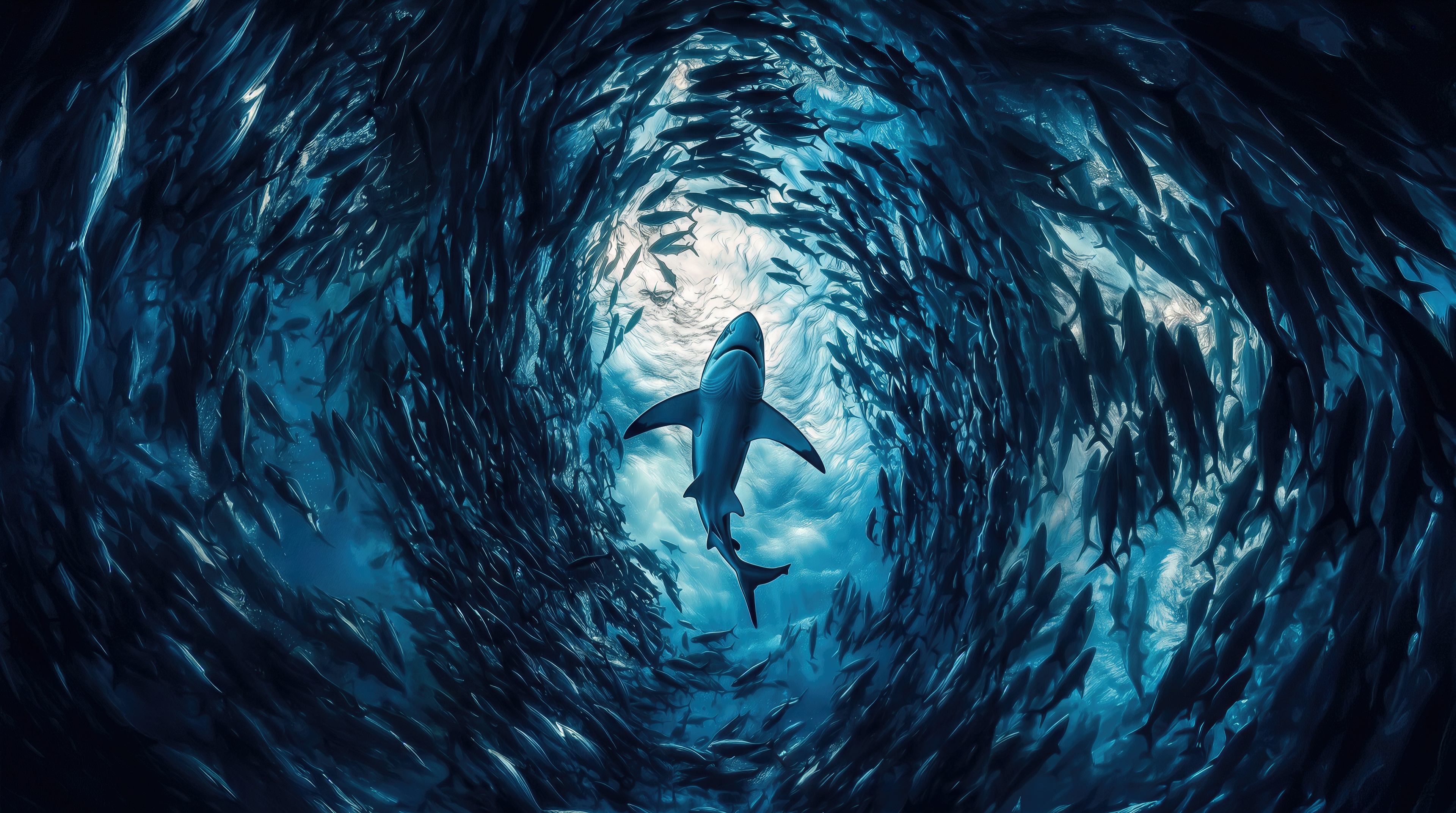 Free photo Silhouette of a shark swimming towards the light through a funnel of thousands of fish in the ocean, deep blue and blue tones.