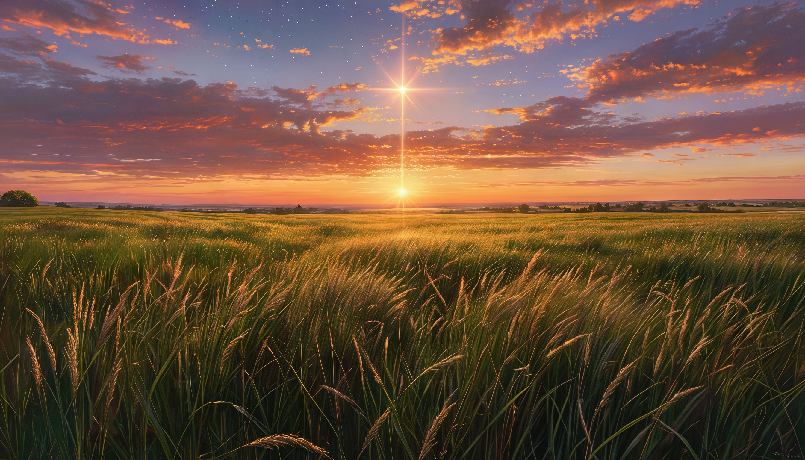 Бесплатное фото Золотистое пшеничное поле купается в лучах закатного солнца, небо усыпано облаками.