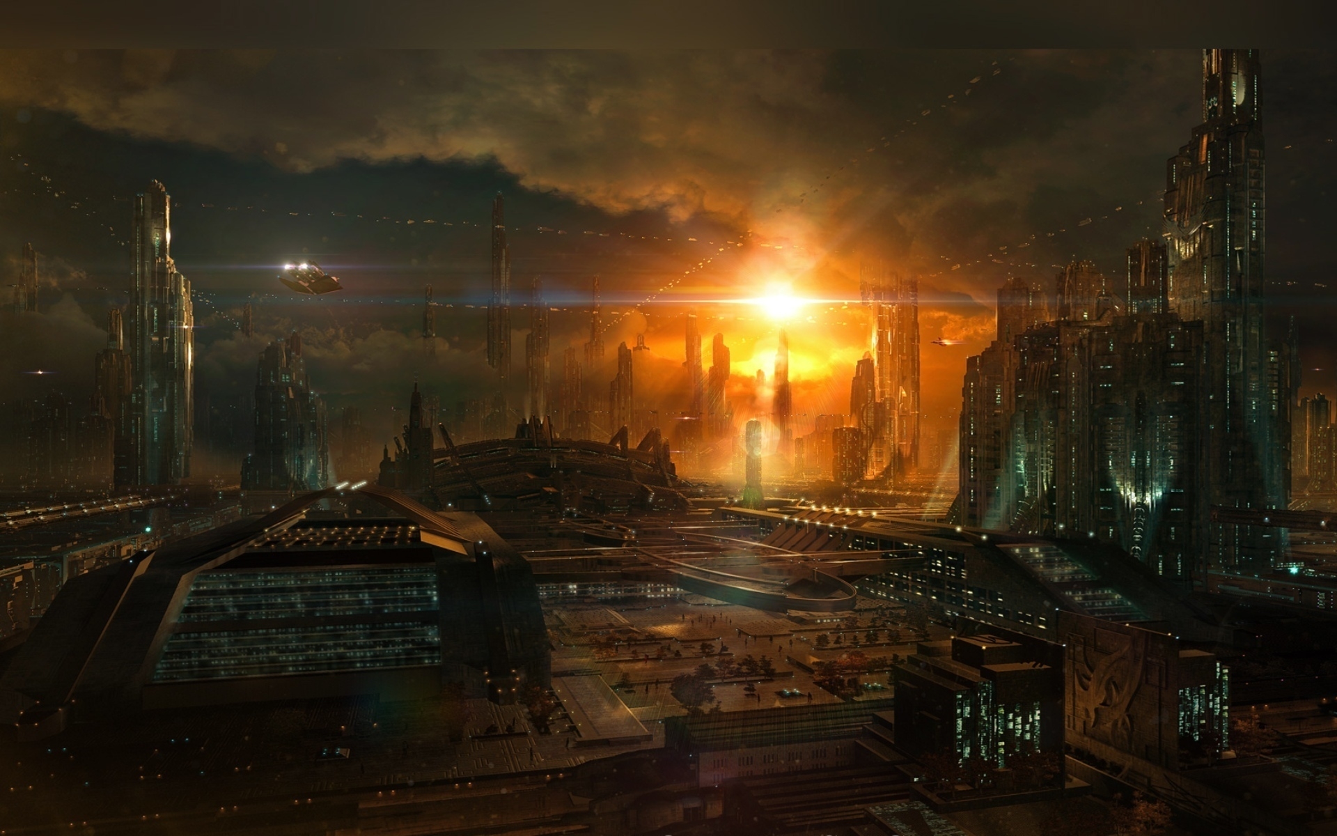 Wallpapers wallpaper futuristic city sun light towers on the desktop