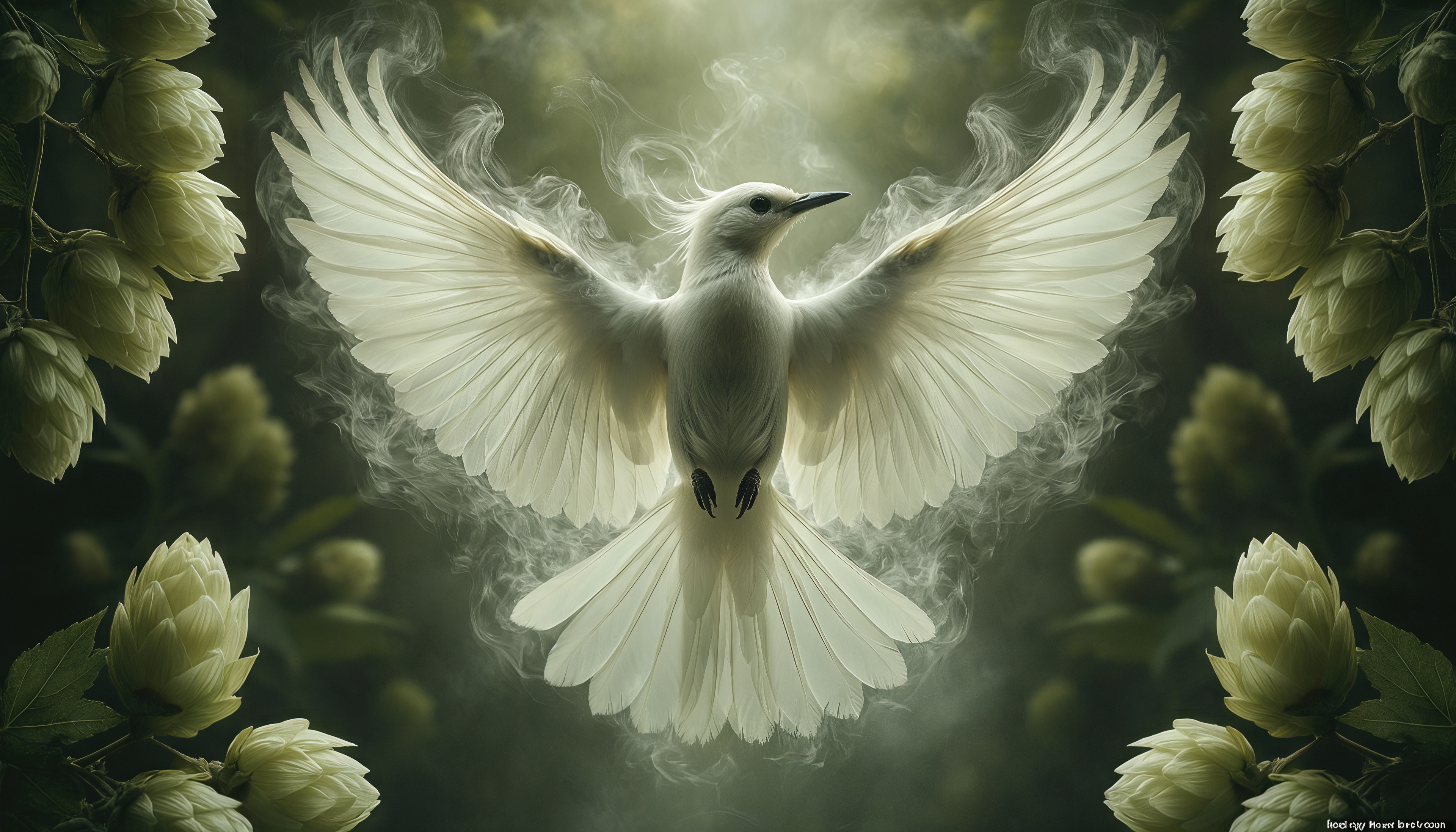 Соцветия хмеля обрамляет парящую птицу.