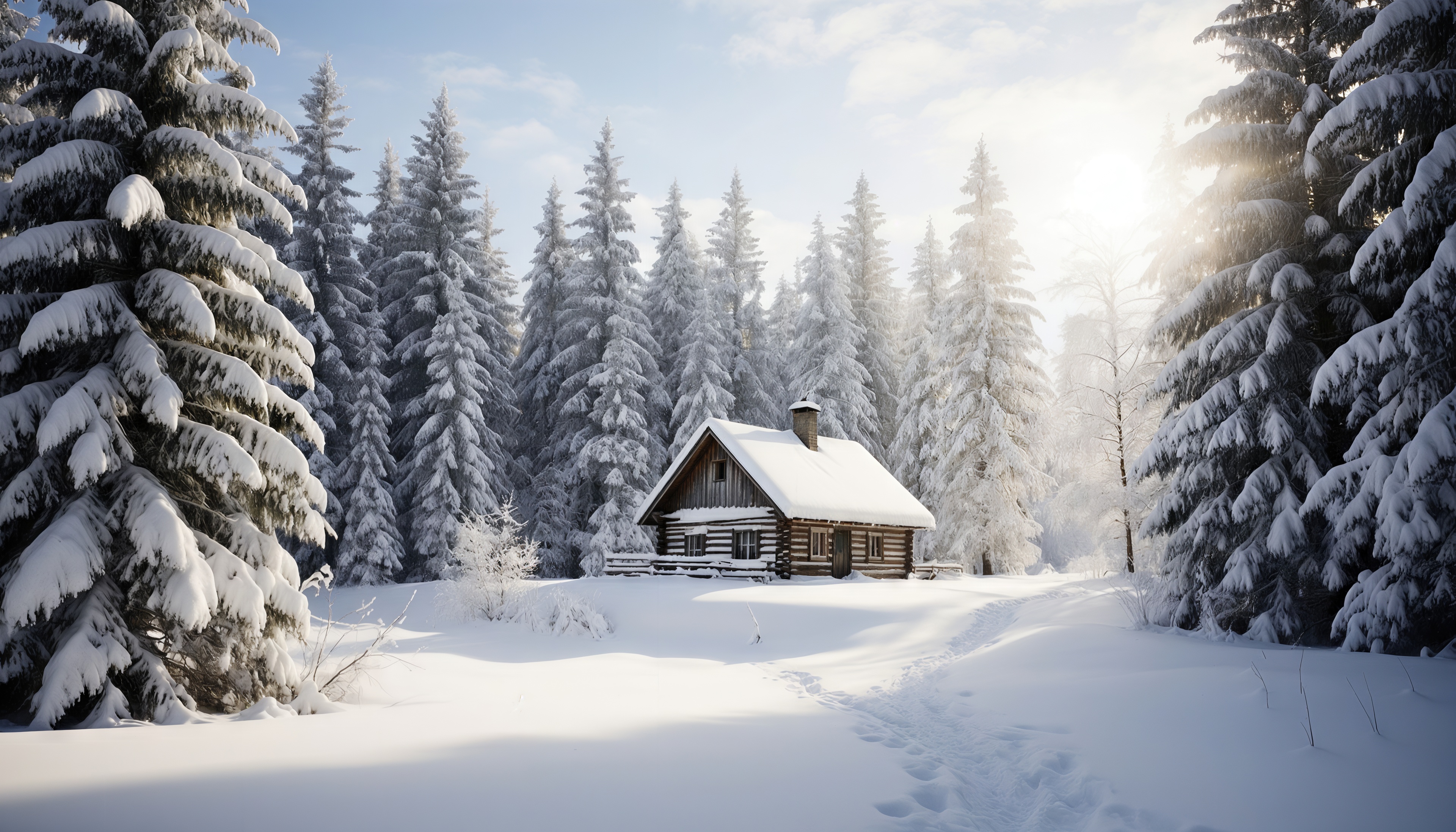 Бесплатное фото Бревенчатый домик затерялся в заснеженном хвойном лесу, солнце пробивается сквозь ветви.