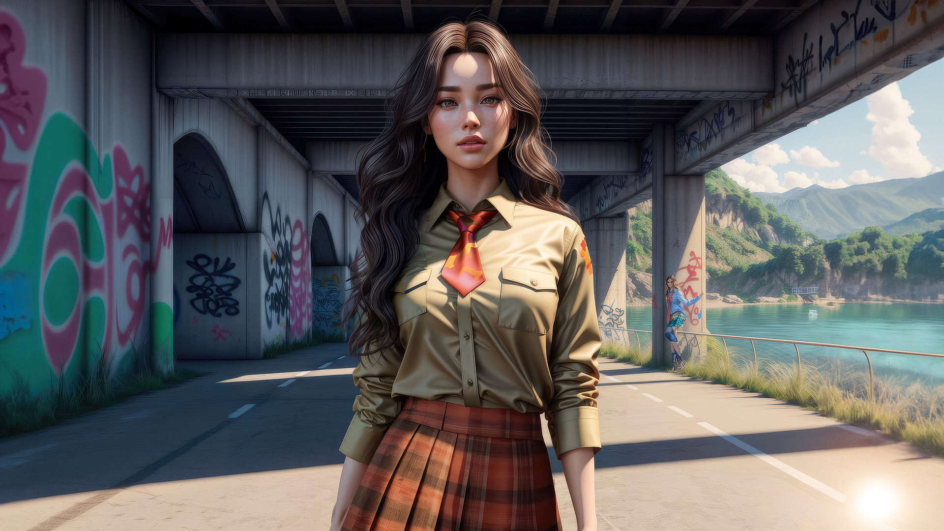 Free photo Asian girl standing under a bridge