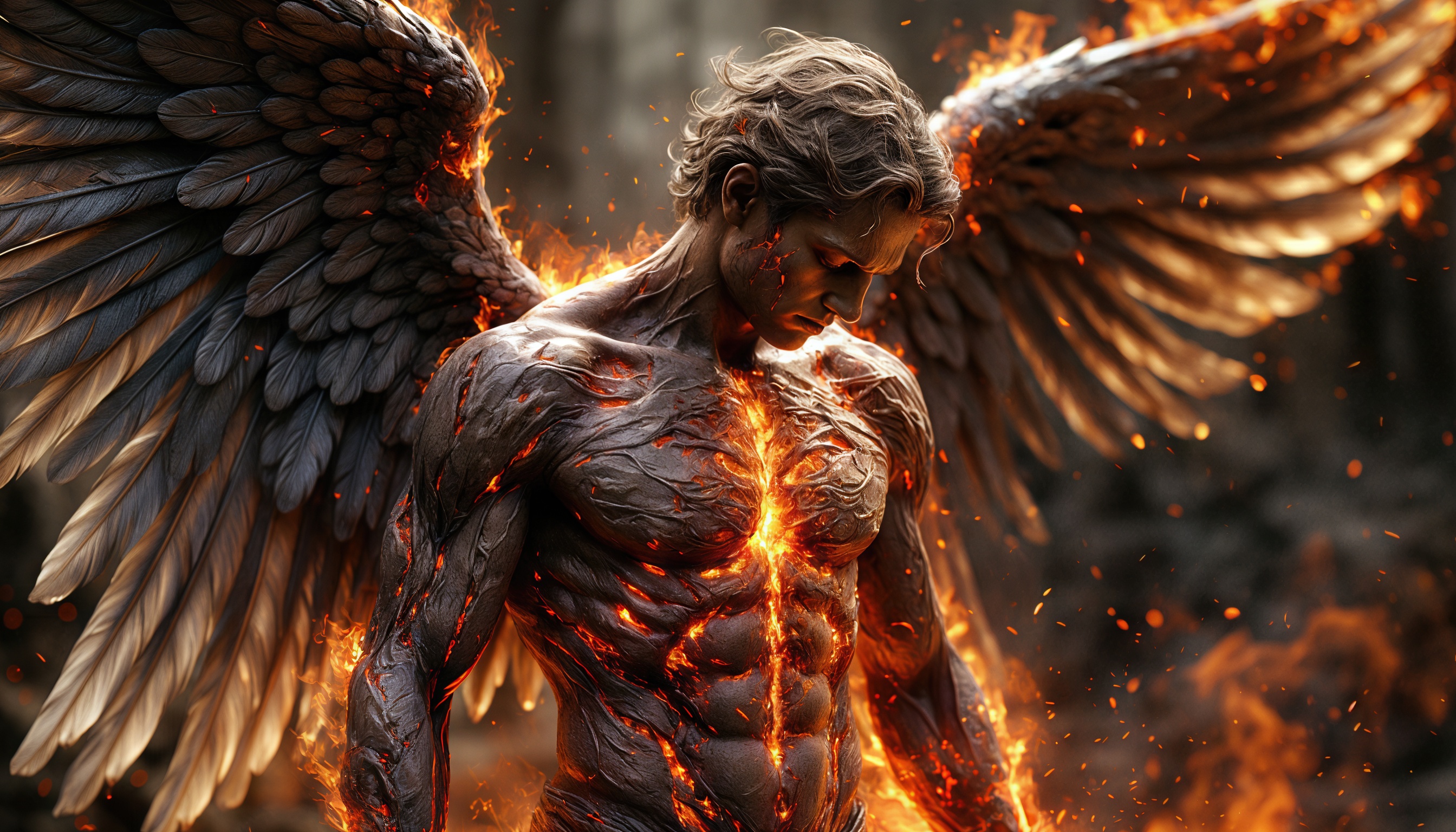 免费照片堕落天使，双翼披覆，身躯烙印着火焰元素。