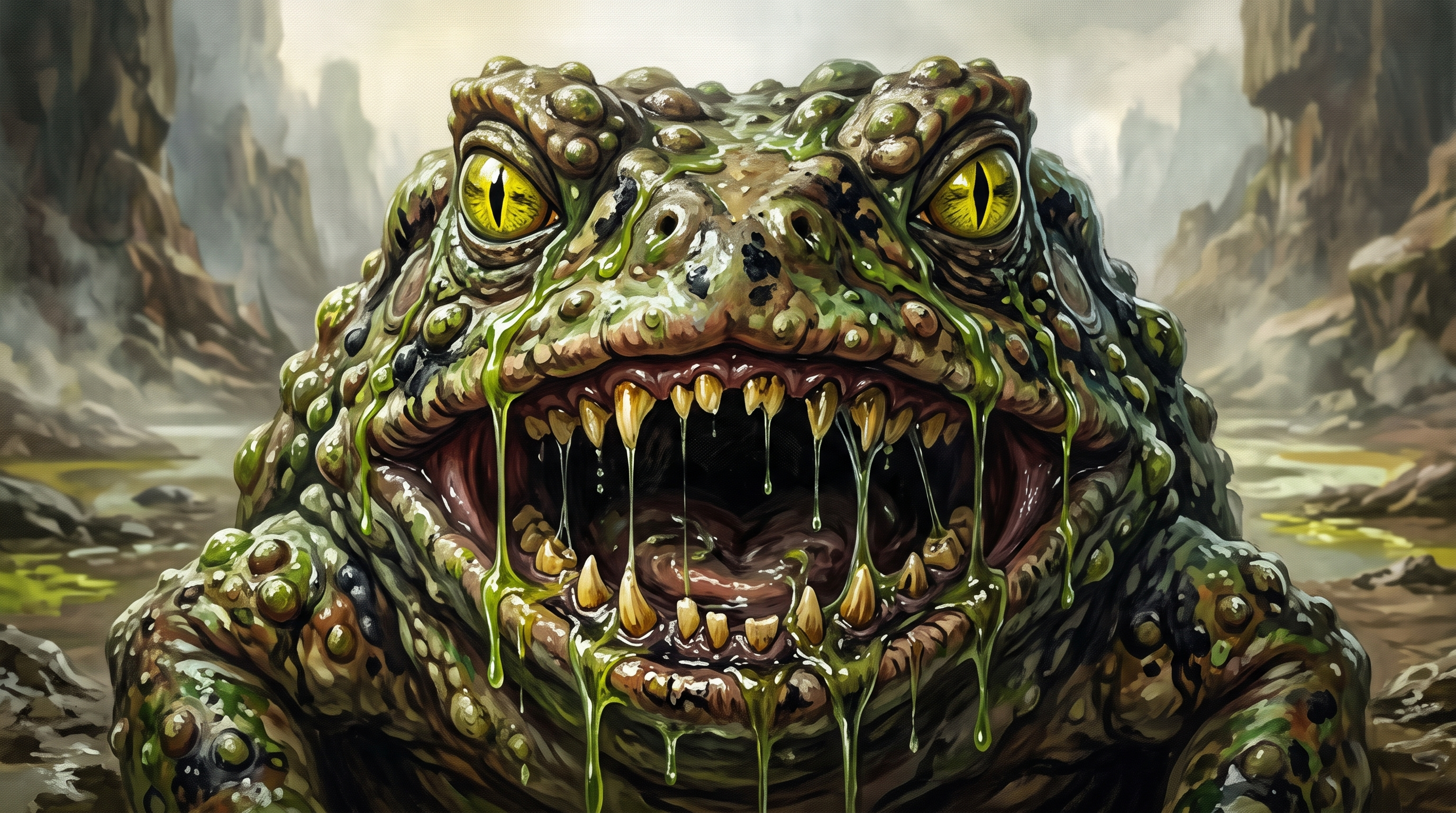Free photo The toothy toad is a monster in the swamp