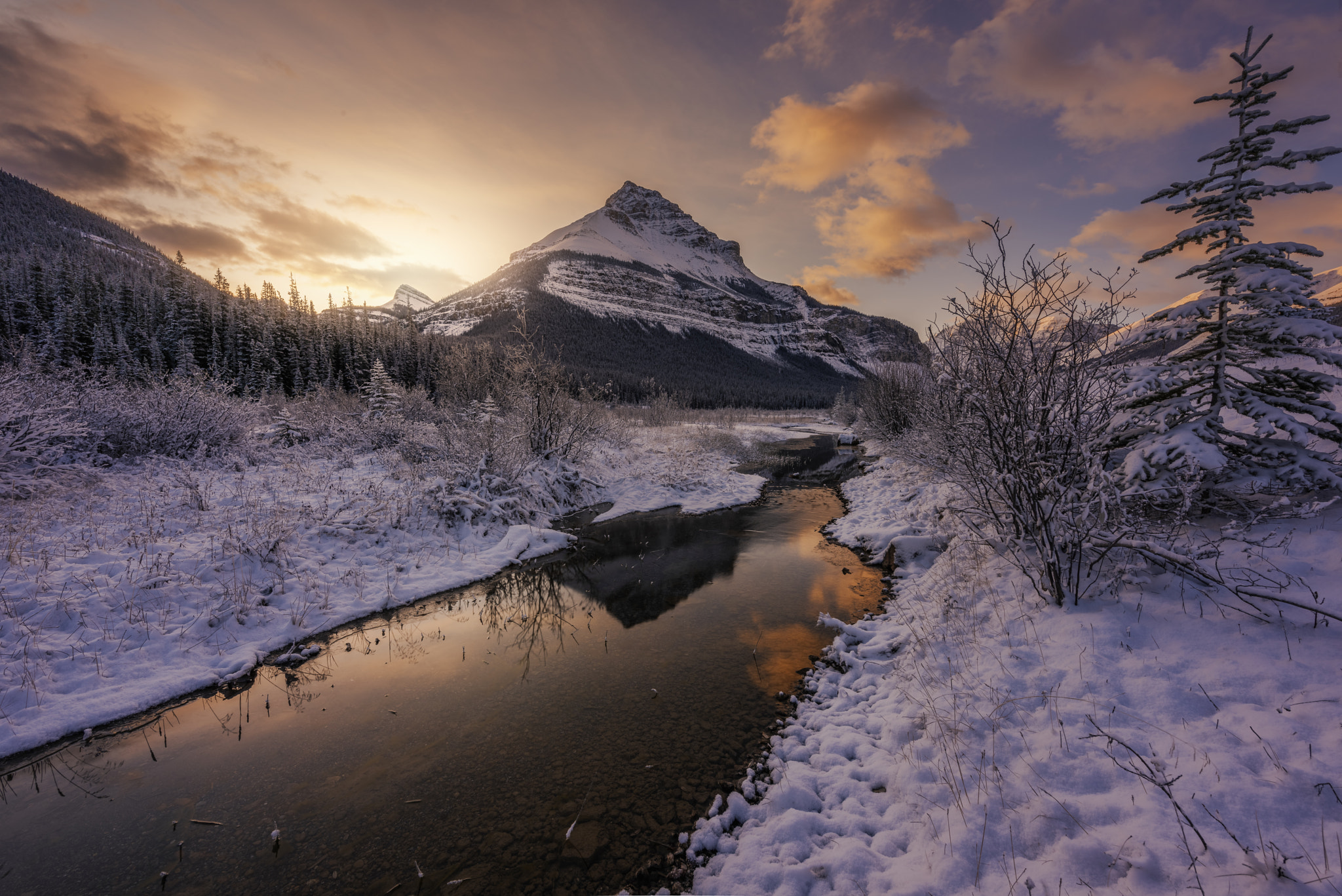 Wallpapers river snow sunset on the desktop