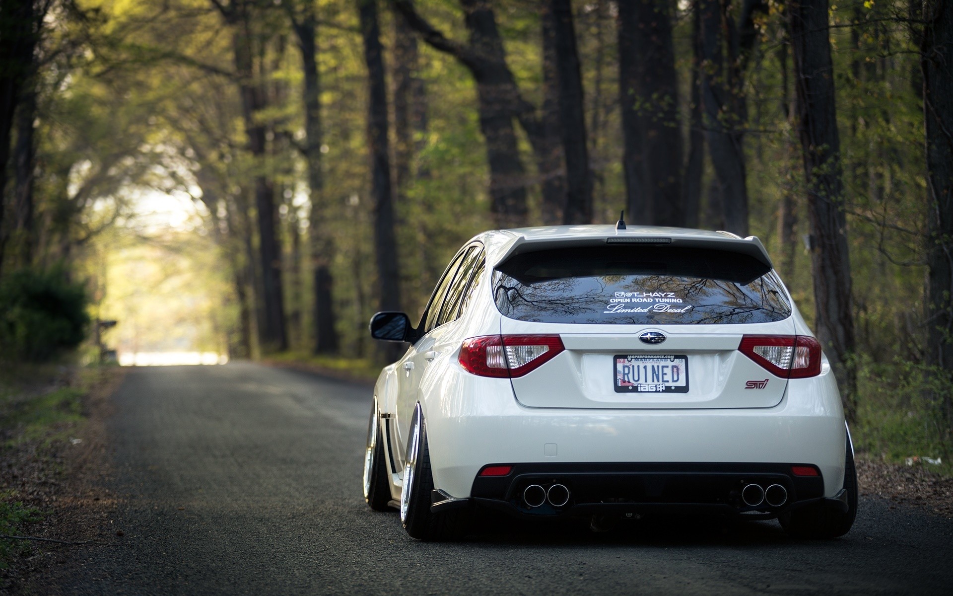 Free photo Picture of a white Subaru Impreza on a forest road.