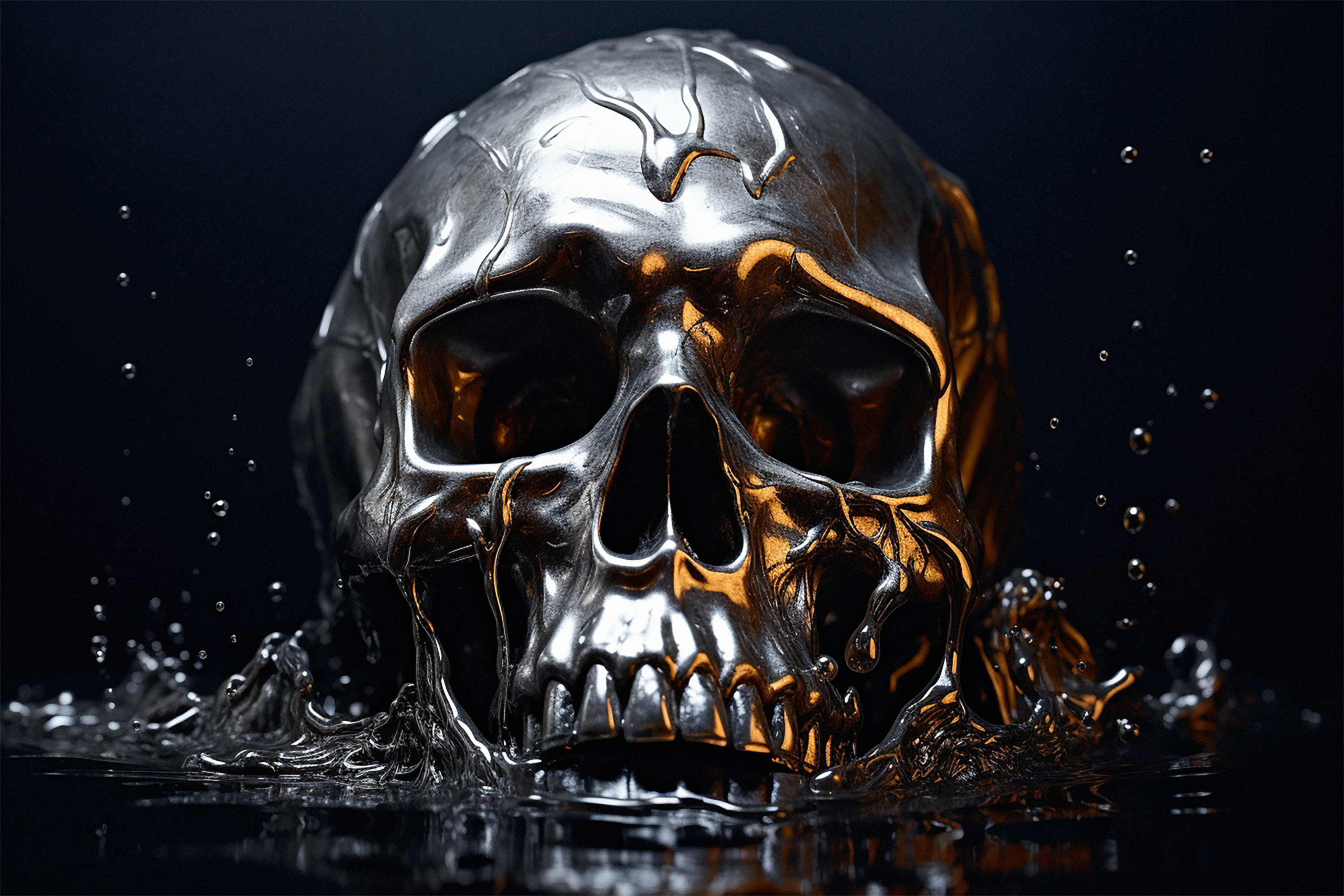 A chromed iron skull in the water