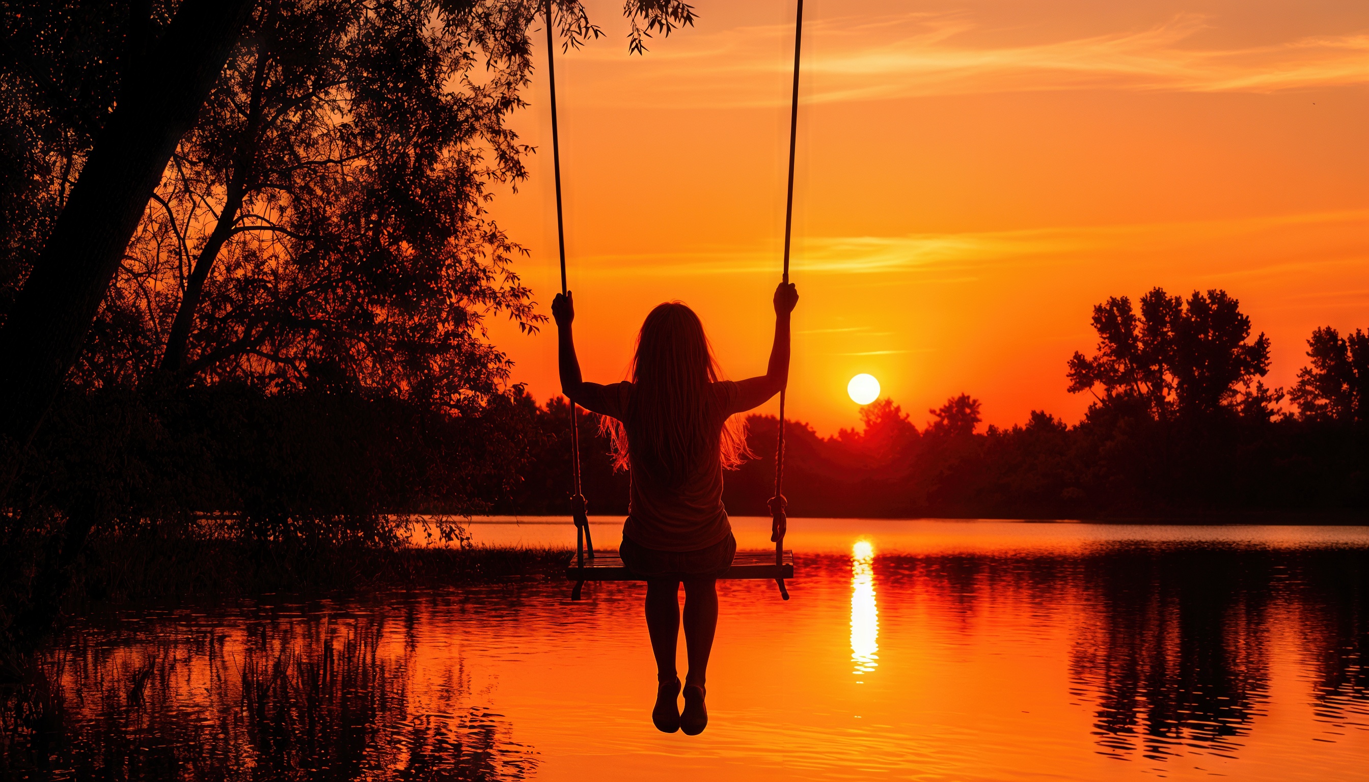 Бесплатное фото Спокойный закат, девушка наслаждается качанием над водой.