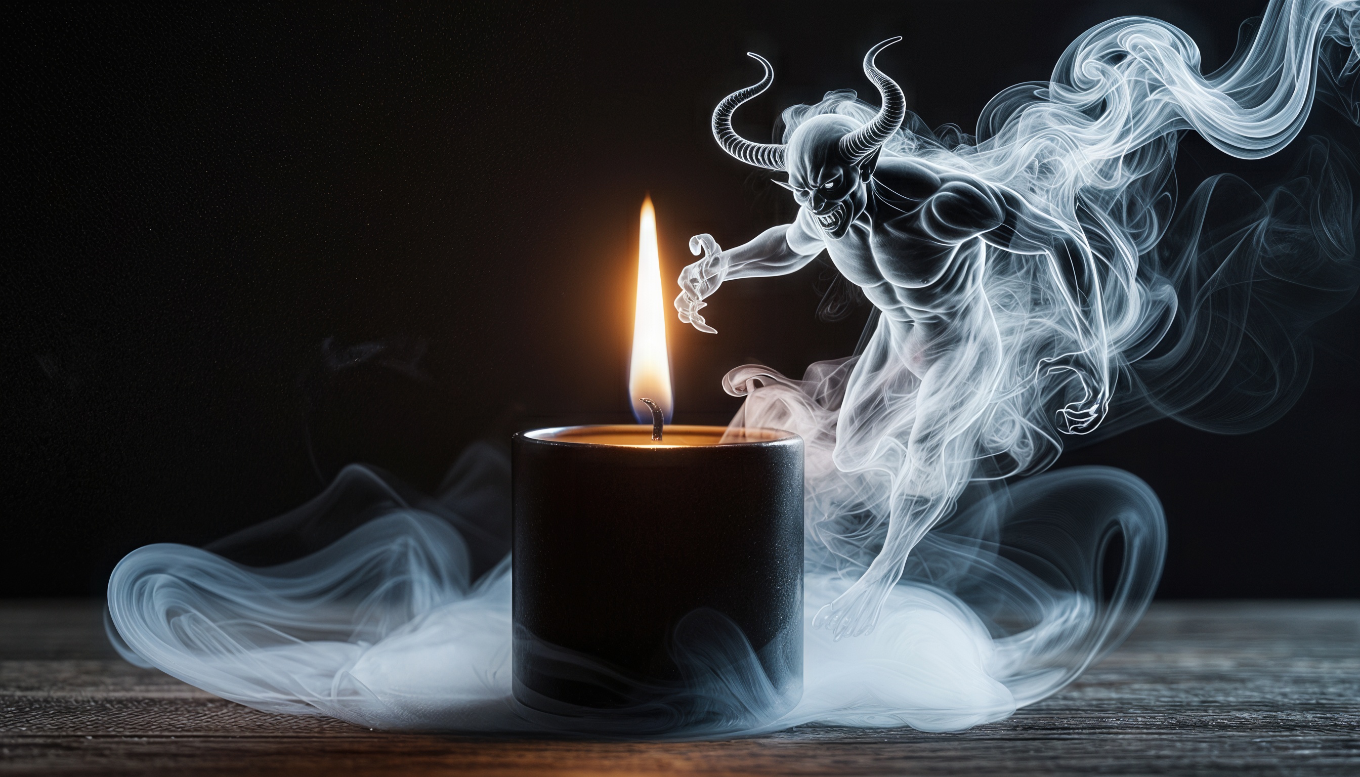 Бесплатное фото Из горящей свечи поднимается дым, образующий фигуру демона с рогами, крыльями и когтями на темном фоне.