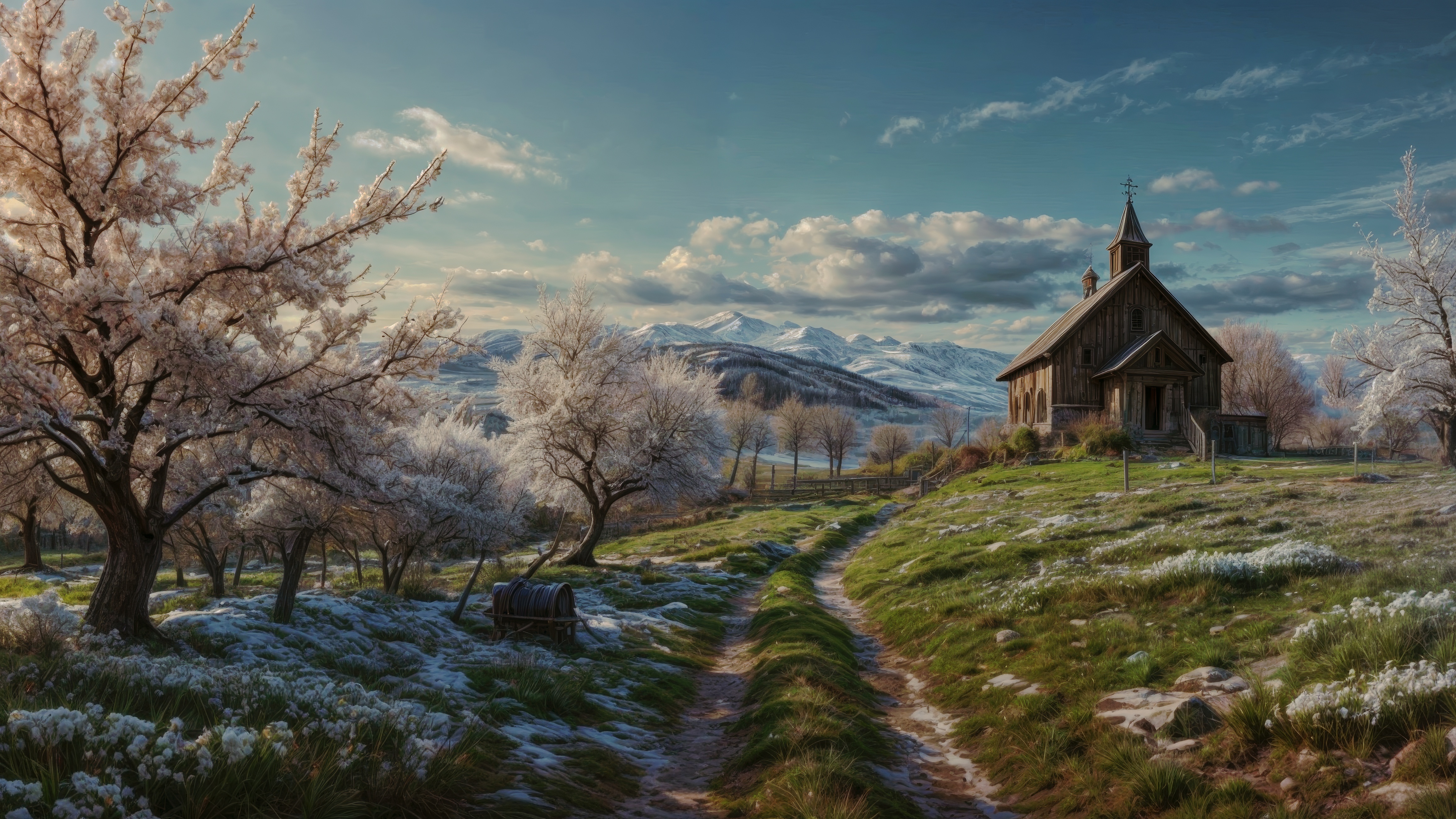 Бесплатное фото Старая церковь стоит на травянистом холме.