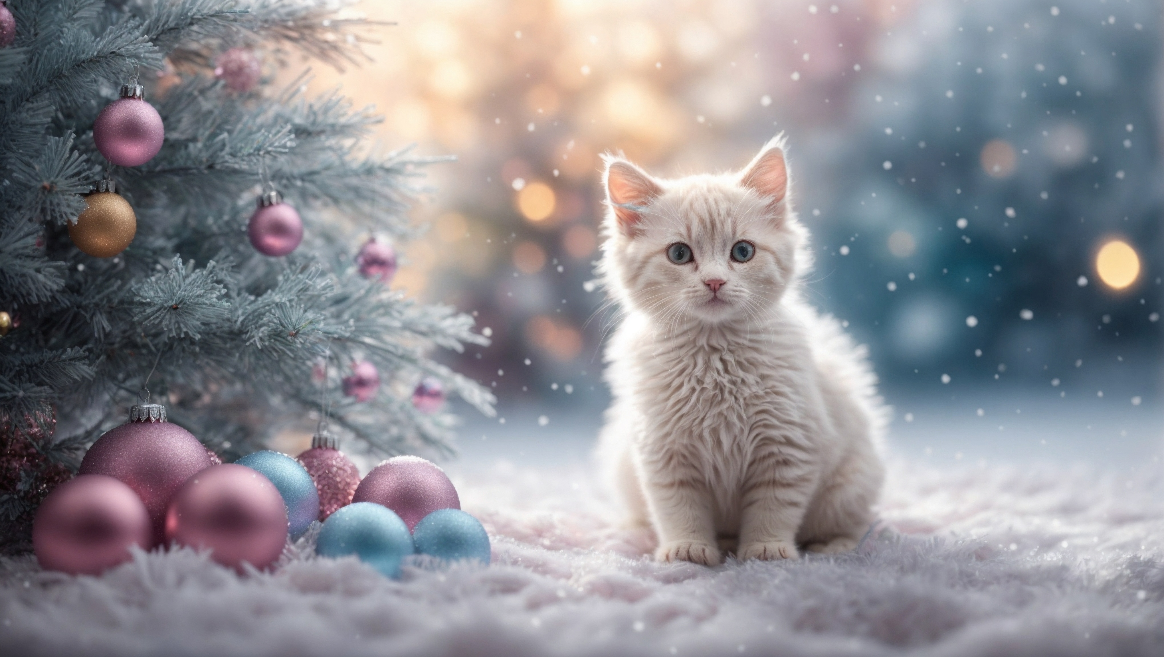 一只猫坐在圣诞树旁