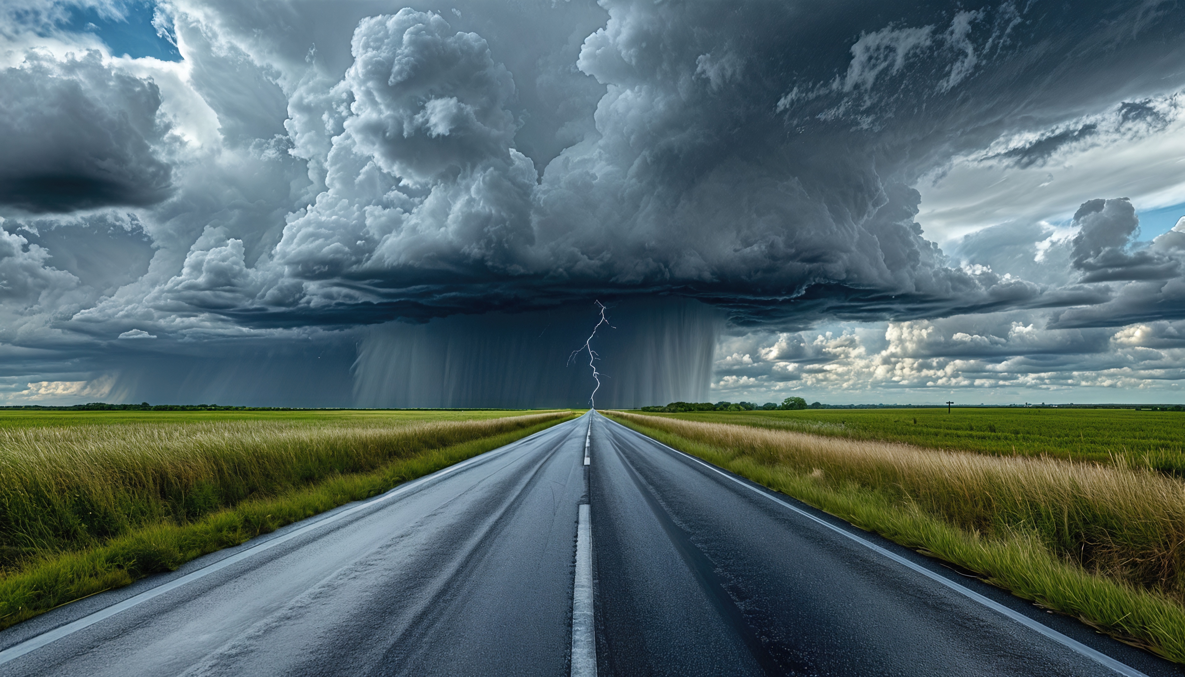 Free photo The straight road goes off into the distance under massive thunderclouds, lightning flashes.