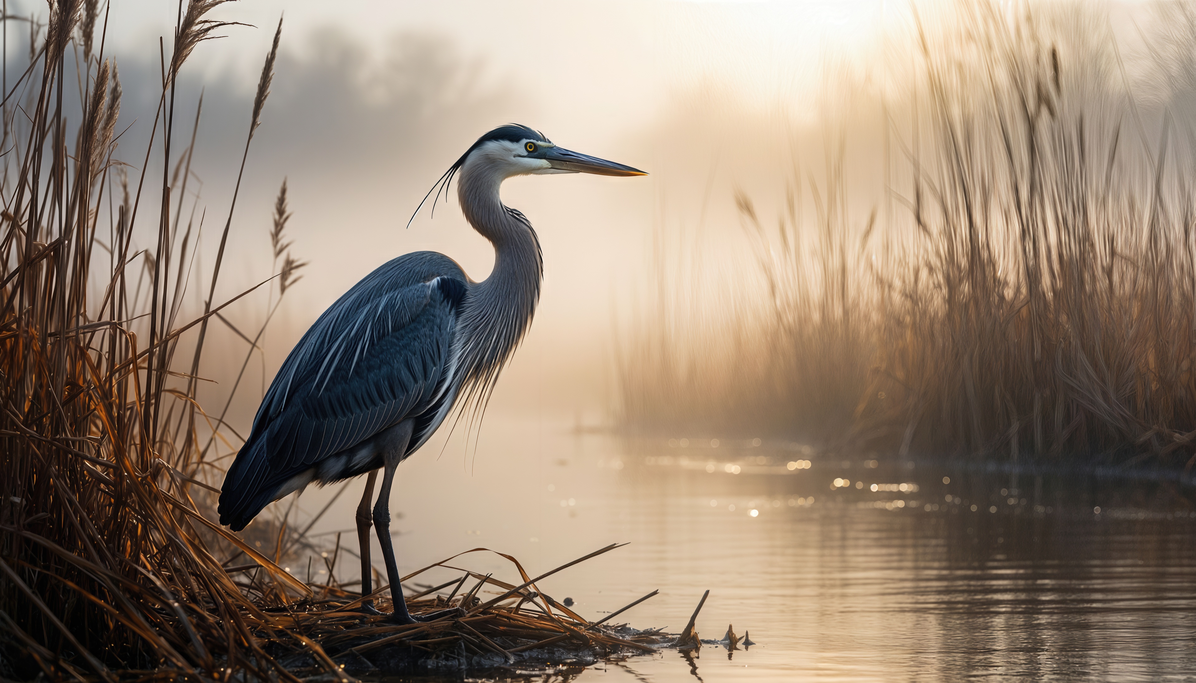На рассвете голубая цапля застыла у воды - туман окутал тростники, в тишине дрожит золотой свет.