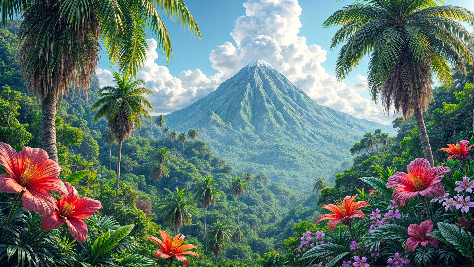 Бесплатное фото Пейзаж цветы на фоне тропического леса