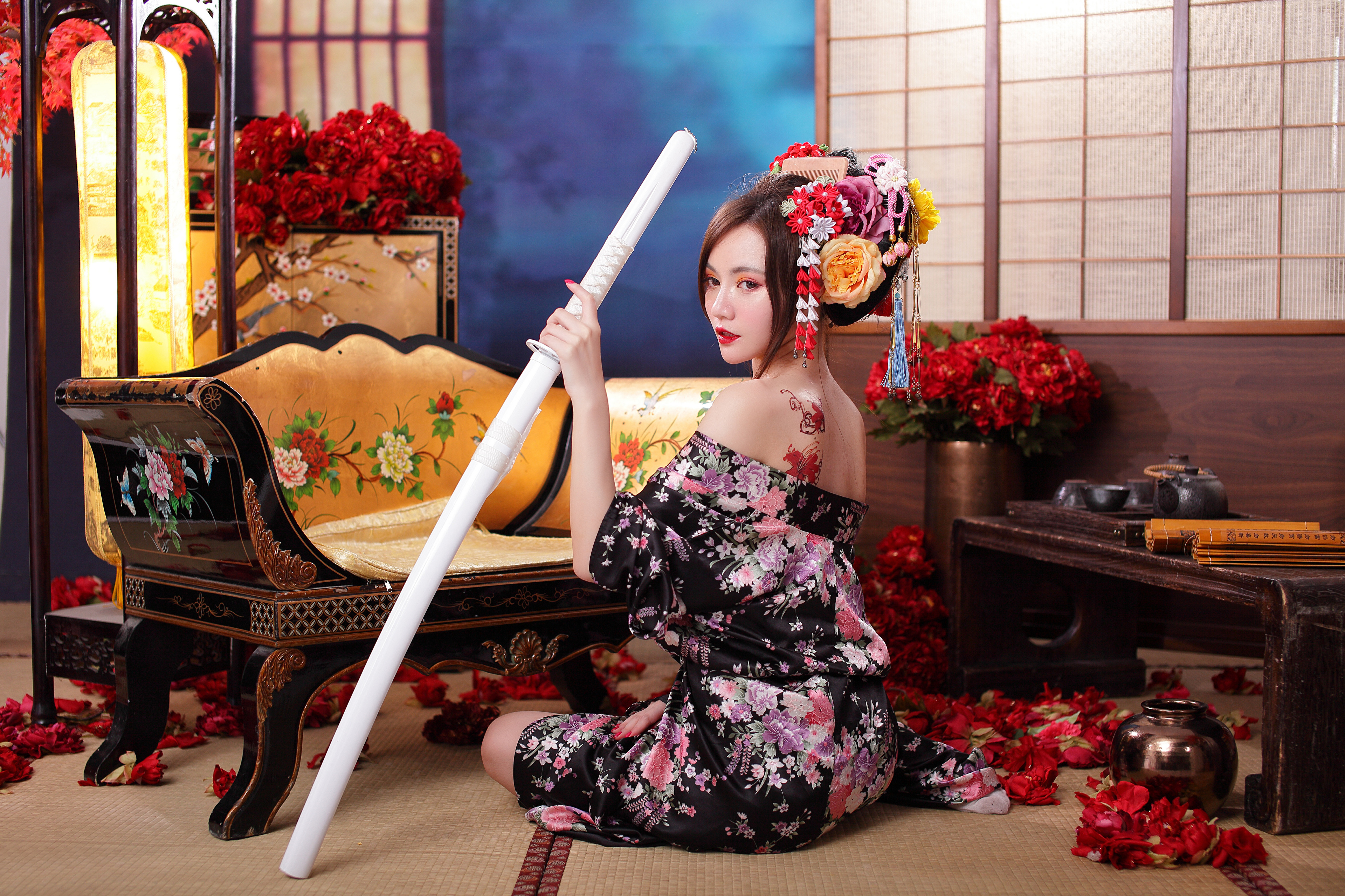 Wallpapers kimono katana asian girls on the desktop