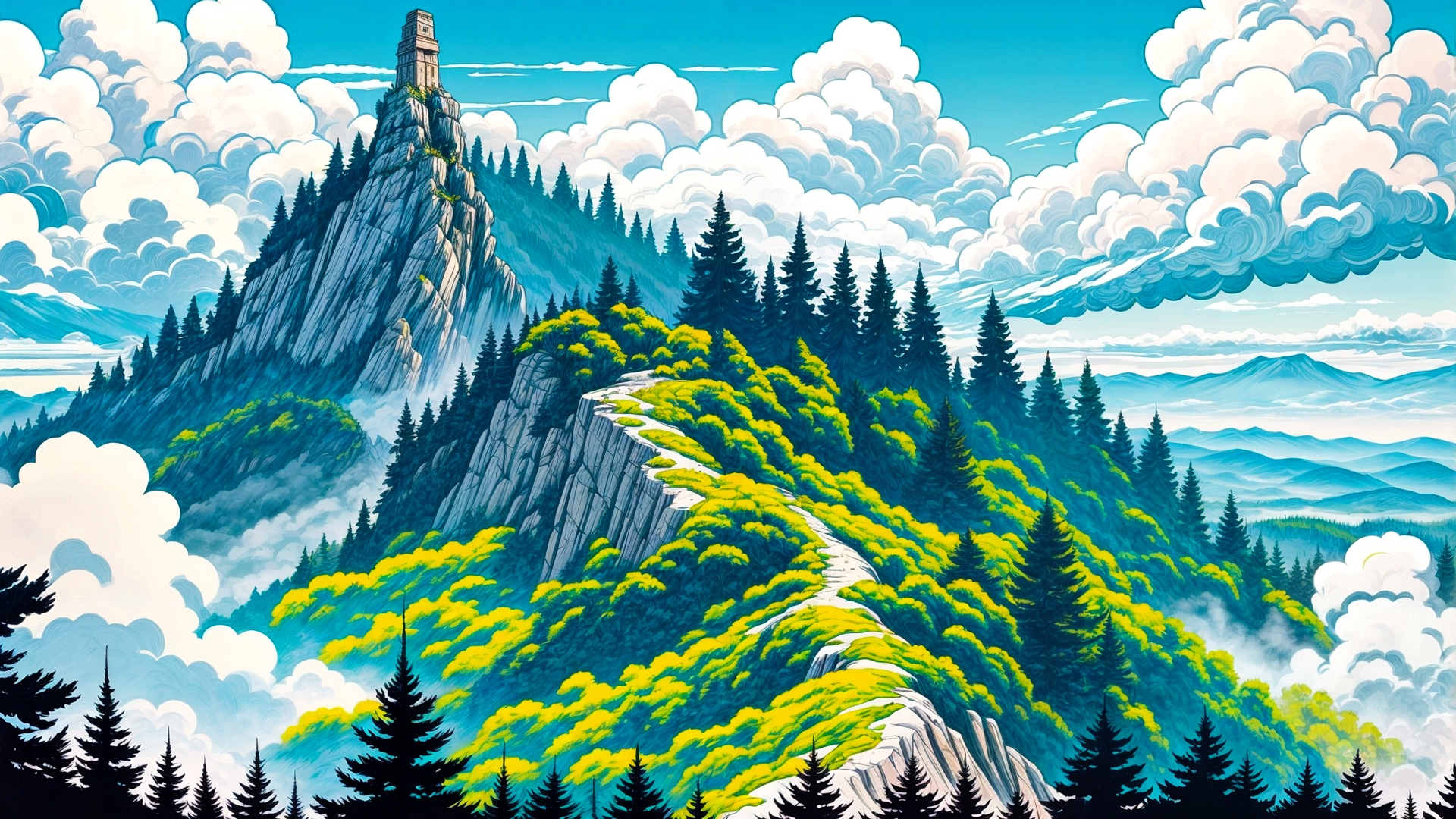 A tower on top of a forested mountain.