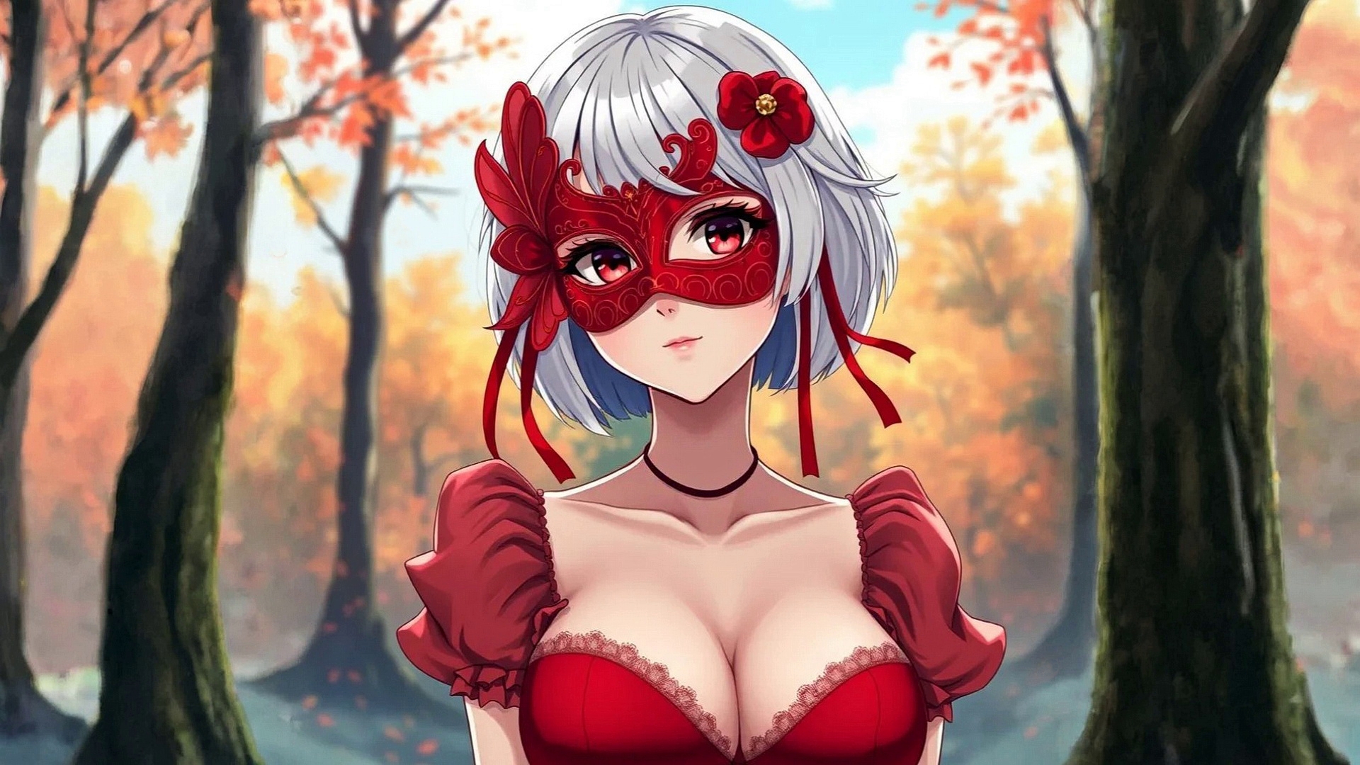 戴红色面具的金发女孩肖像