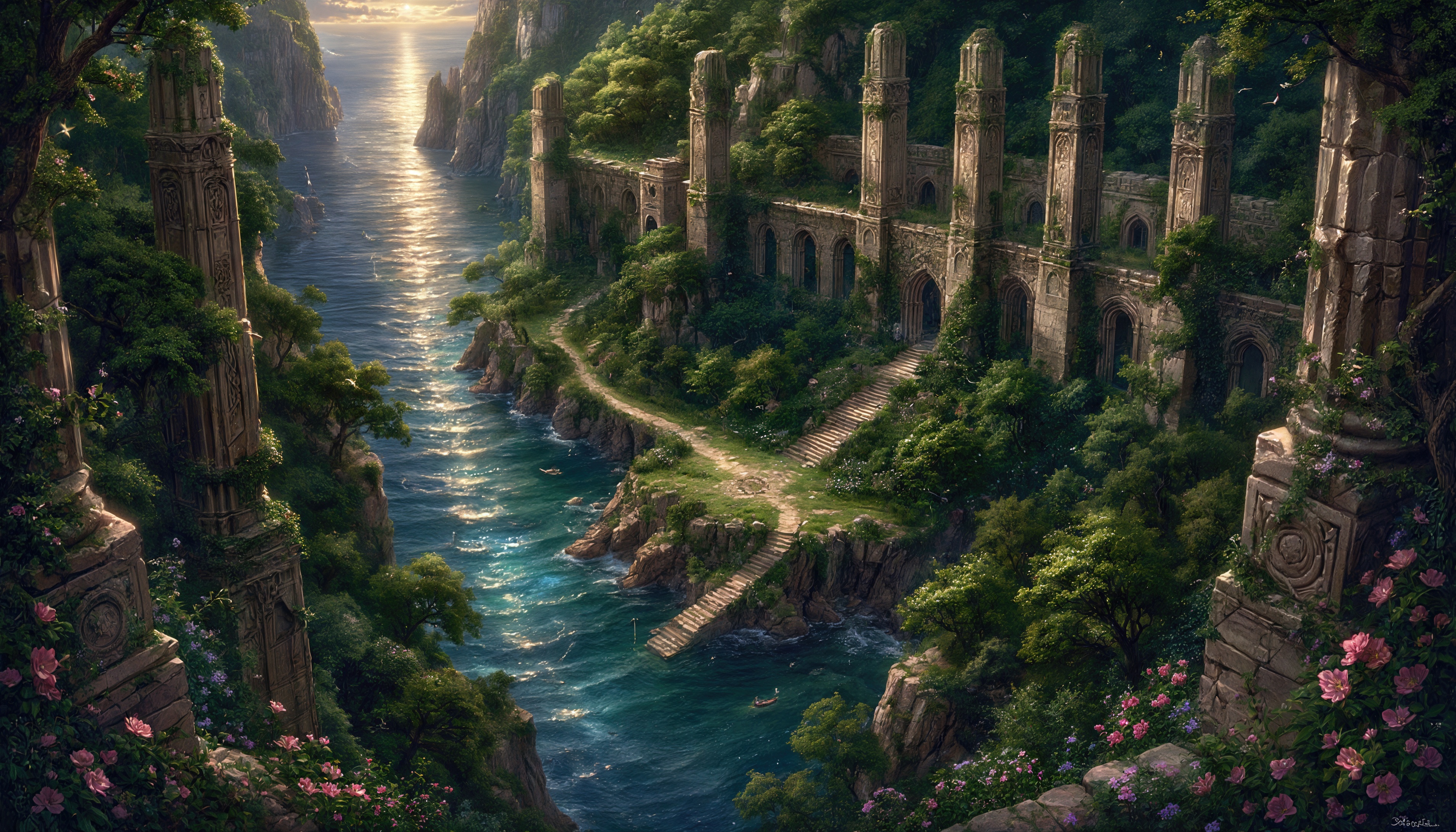 梦幻般的风景，古老的废墟被绿植与鲜花覆盖，背景是平静的海洋与嶙峋的海岸线。