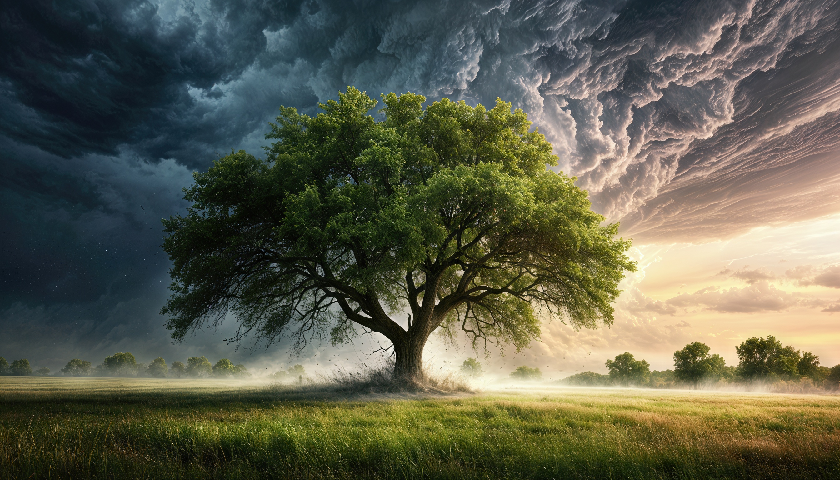 Бесплатное фото Дерево на фоне грозового неба и закатного света.