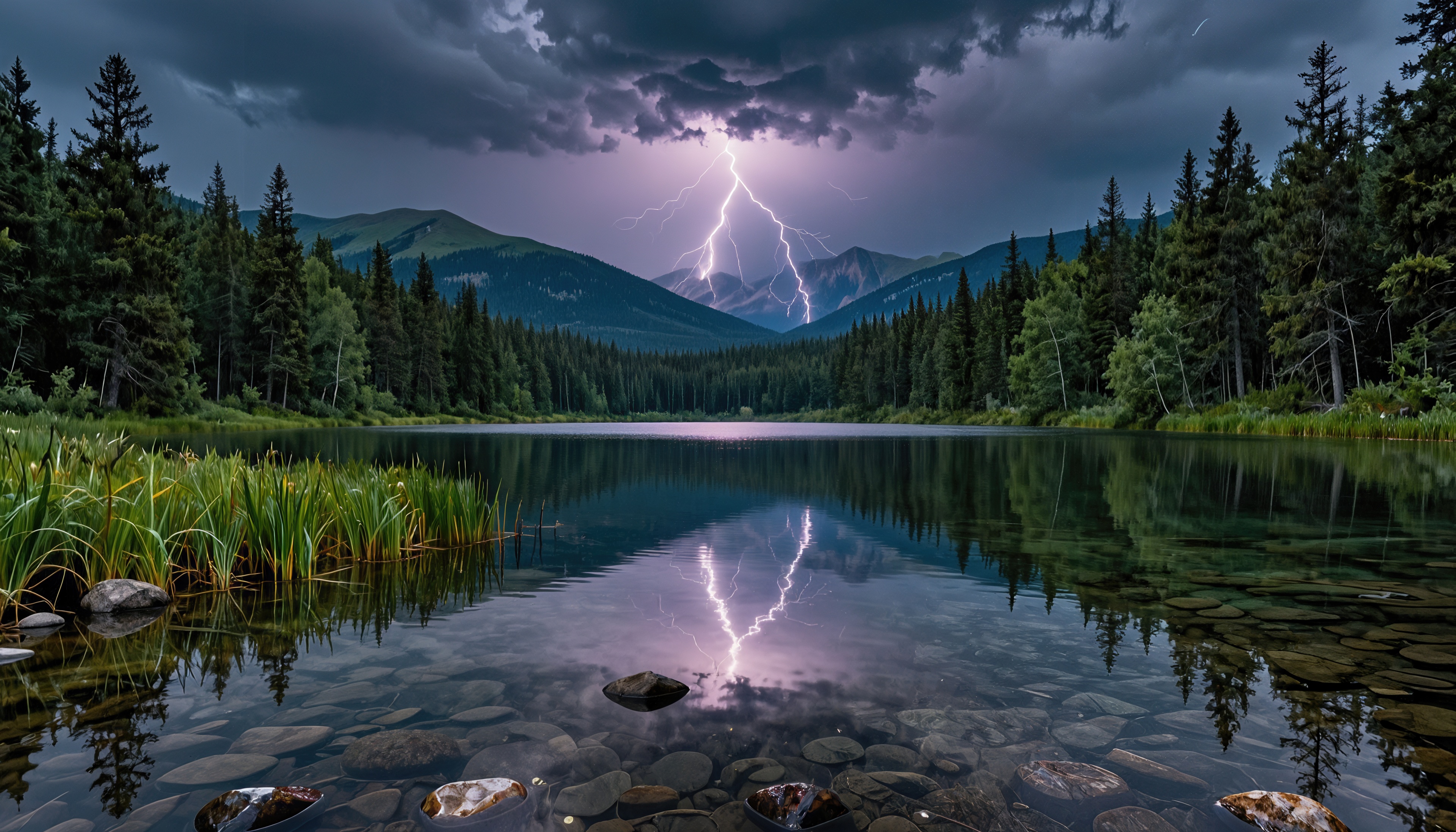 A powerful lightning bolt strikes a mountain range above a clear forest lake during a severe night thunderstorm.
