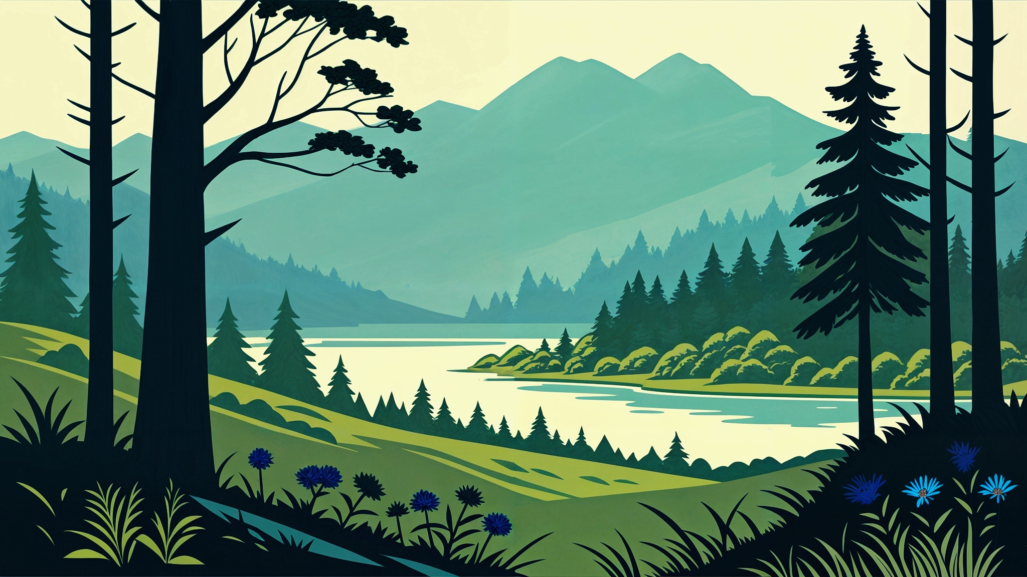 Бесплатное фото Пейзаж утро в зеленом  лесу