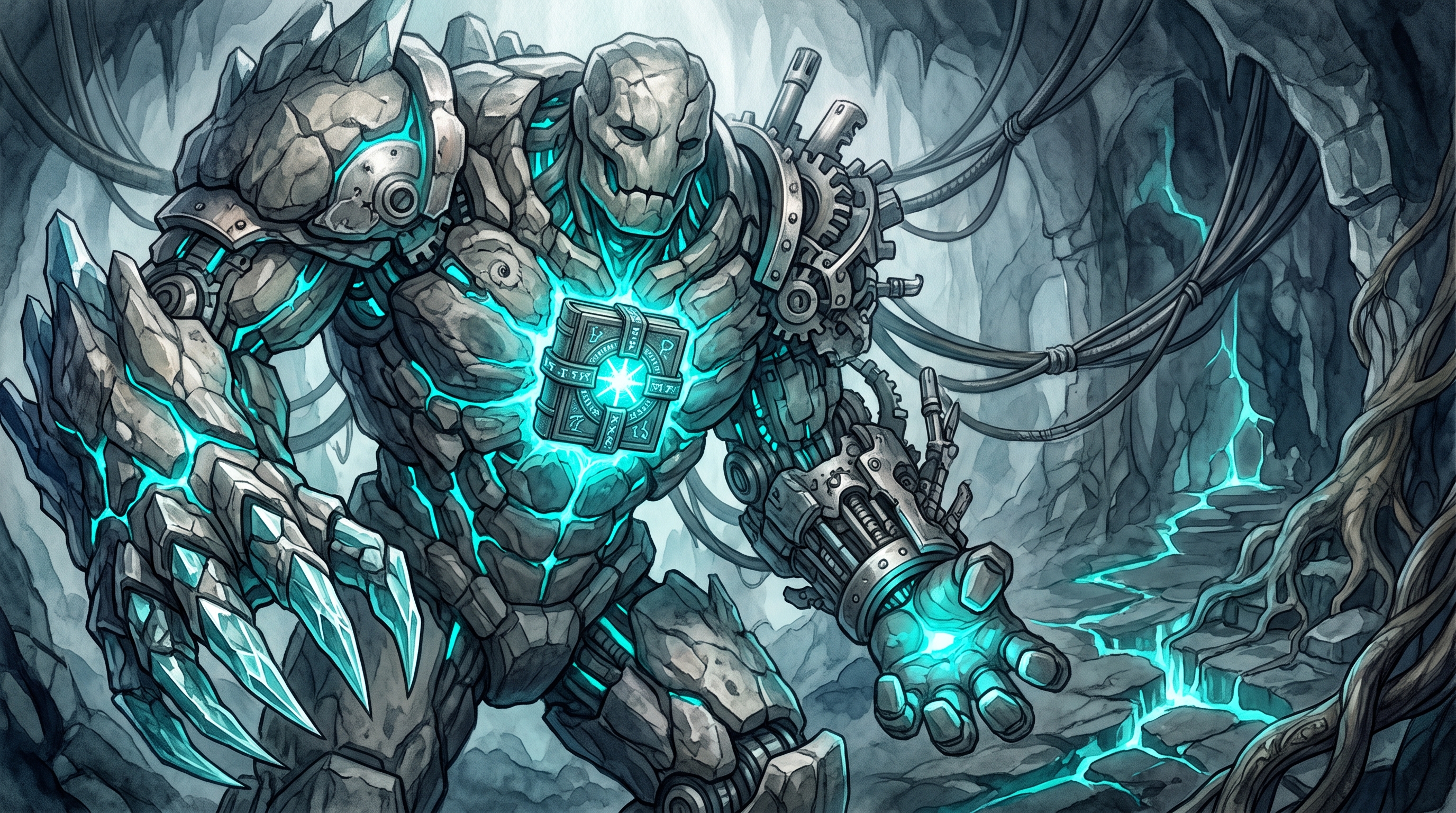A stone cyborg golem with a shining artifact stands in a dark cave among cables and glowing cracks