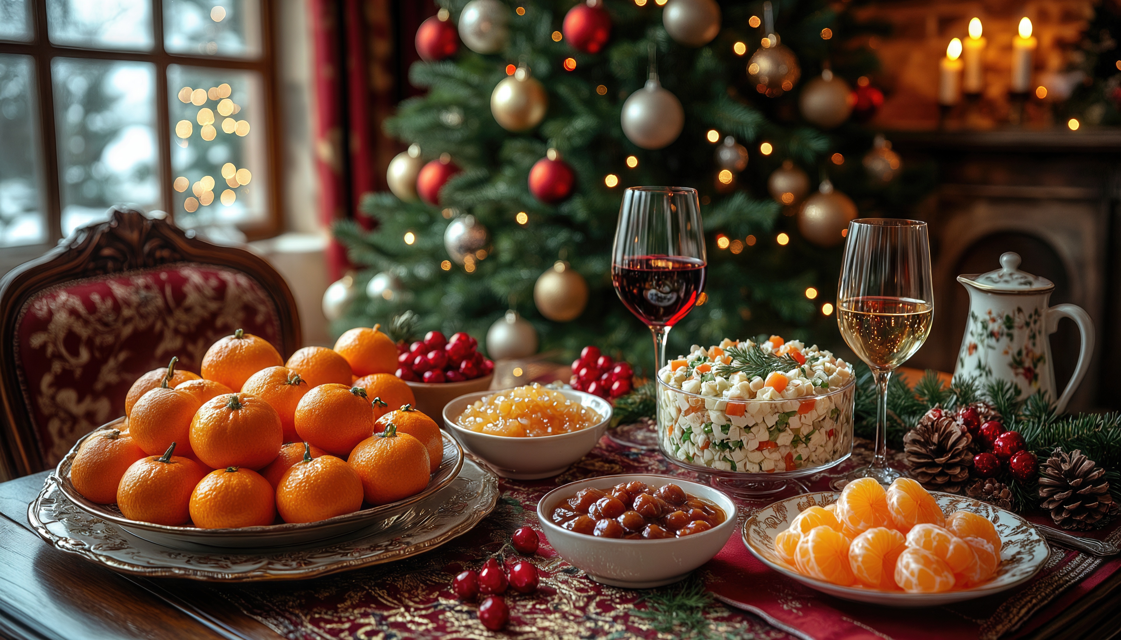 Бесплатное фото Новогодний стол с мандаринами, салатом и бокалами вина у ёлки.