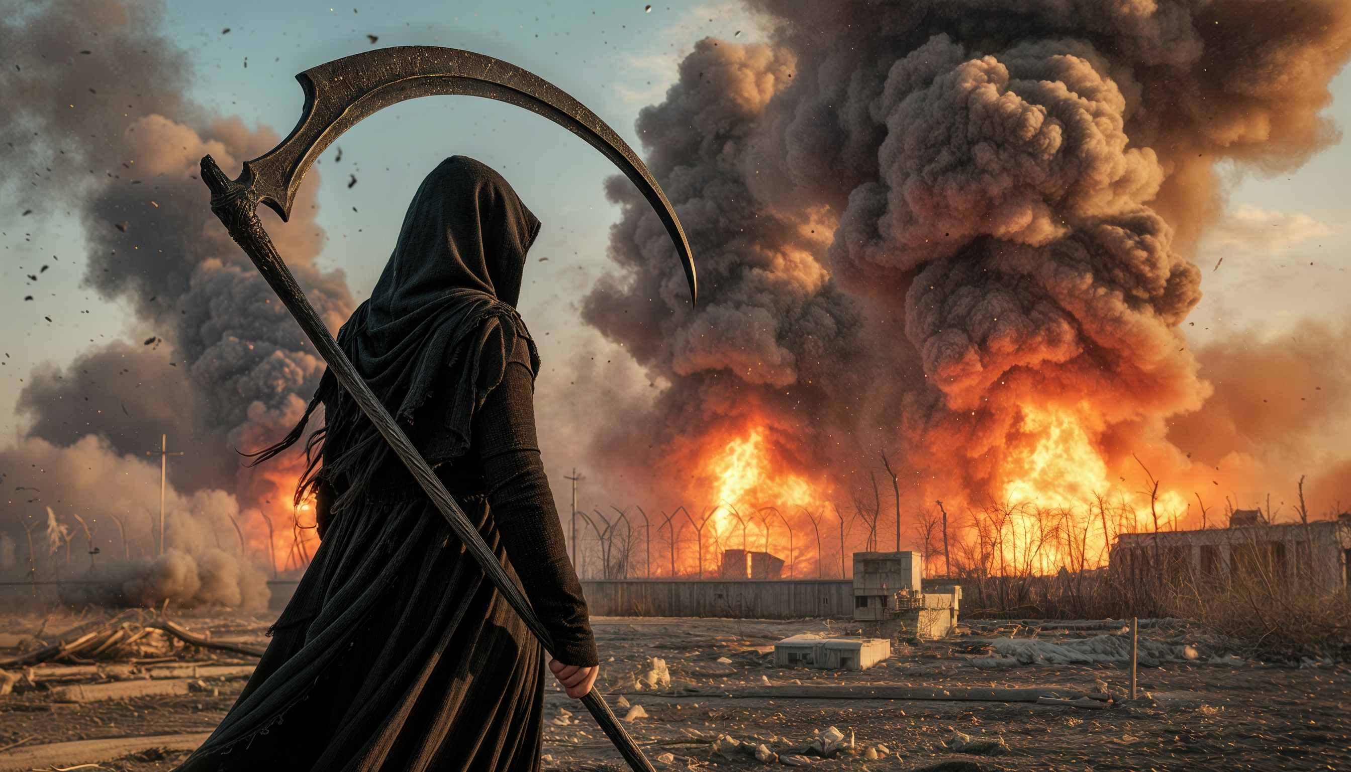 Бесплатное фото Смерть с косой смотрит на мир что погряз в войне.