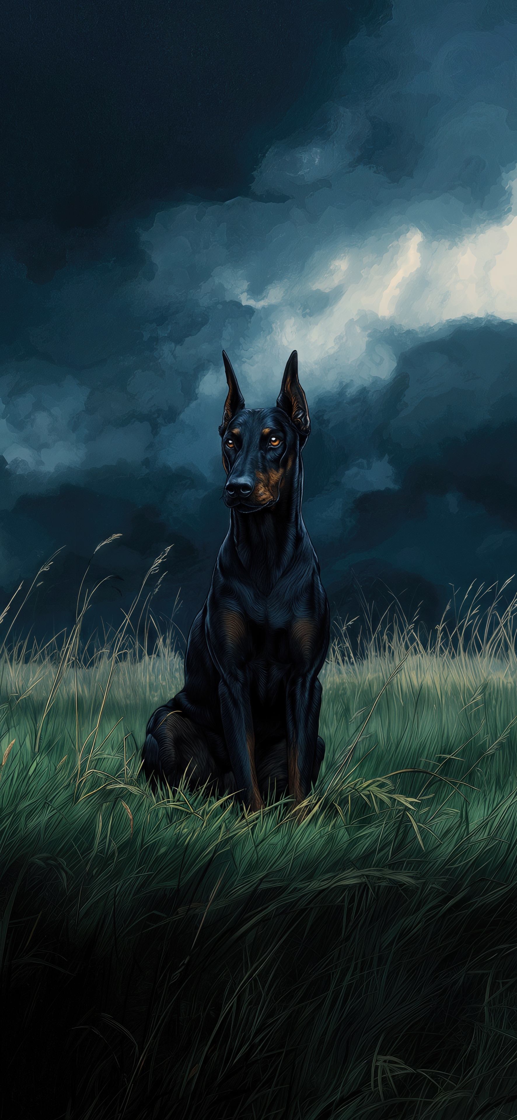 Бесплатное фото Доберман сидит в траве на фоне мрачного неба.