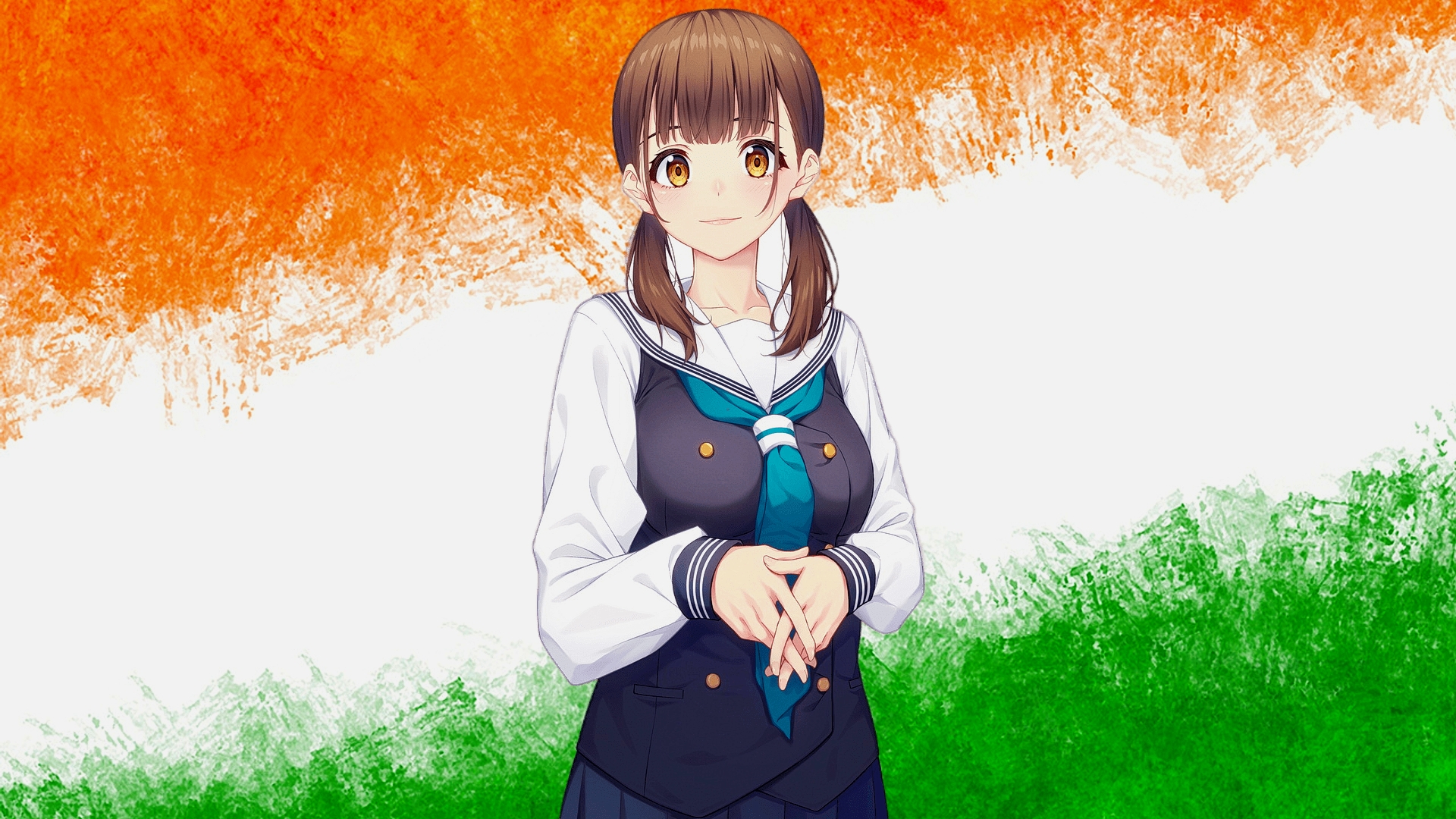 Free photo Drawing of a brown-haired girl standing on a tricolor background