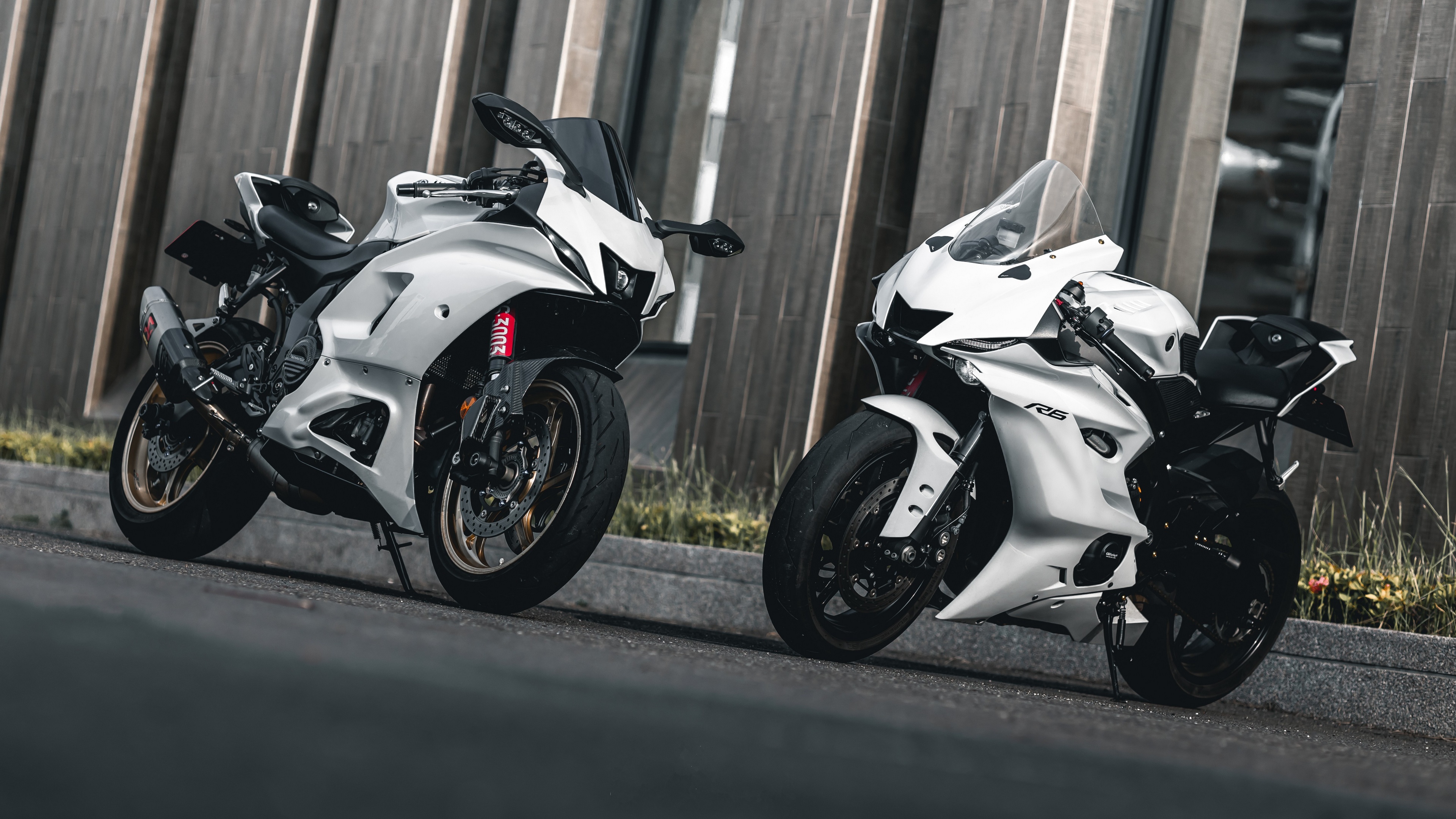 Free photo Two white yamaha yzf-r6s.