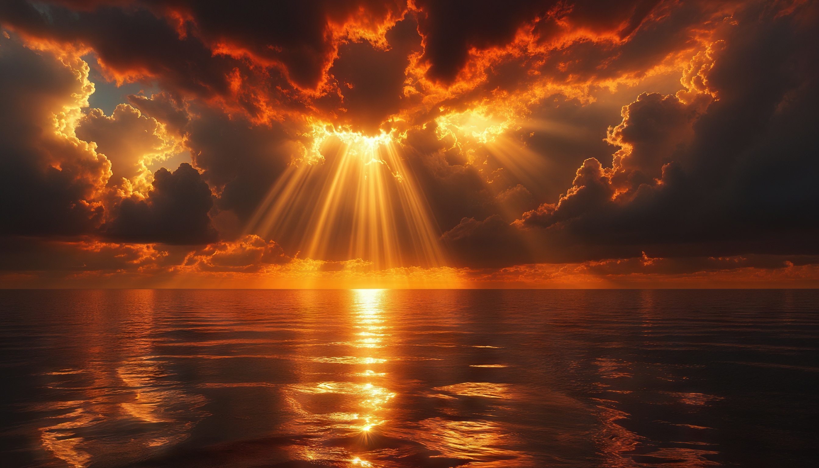 免费照片落日的光线穿过云层，照亮了平静的大海。