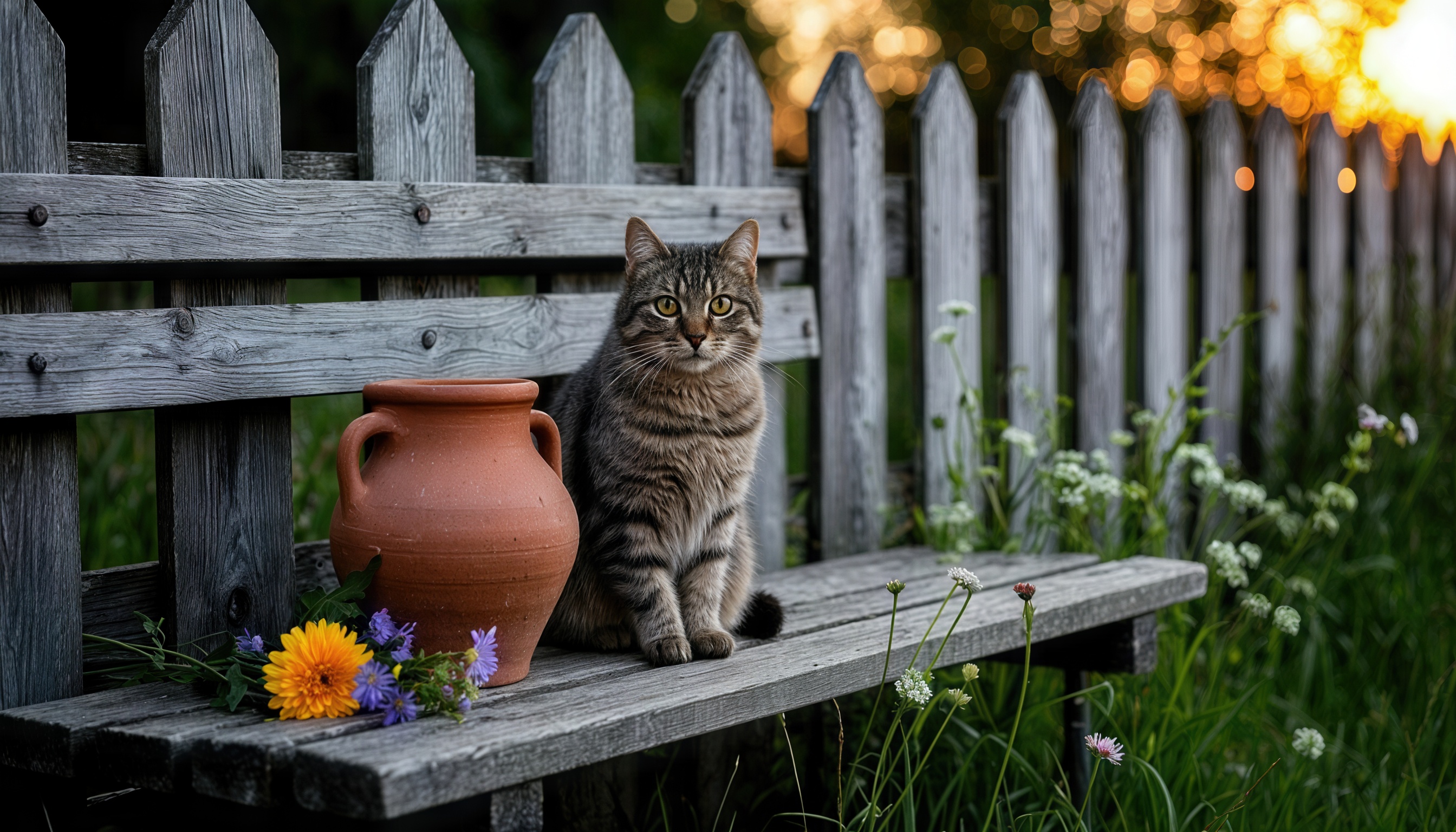 Бесплатное фото Кошка на скамейке возле забора горшка с молоком и цветов, залитых мягким светом.