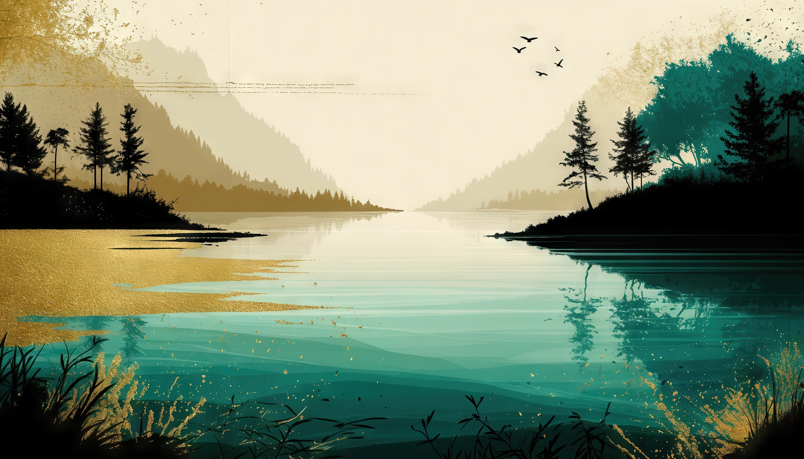 Бесплатное фото Спокойное озеро в окружении гор и леса, с отражением деревьев в воде и игрой золотисто-бирюзовых тонов.