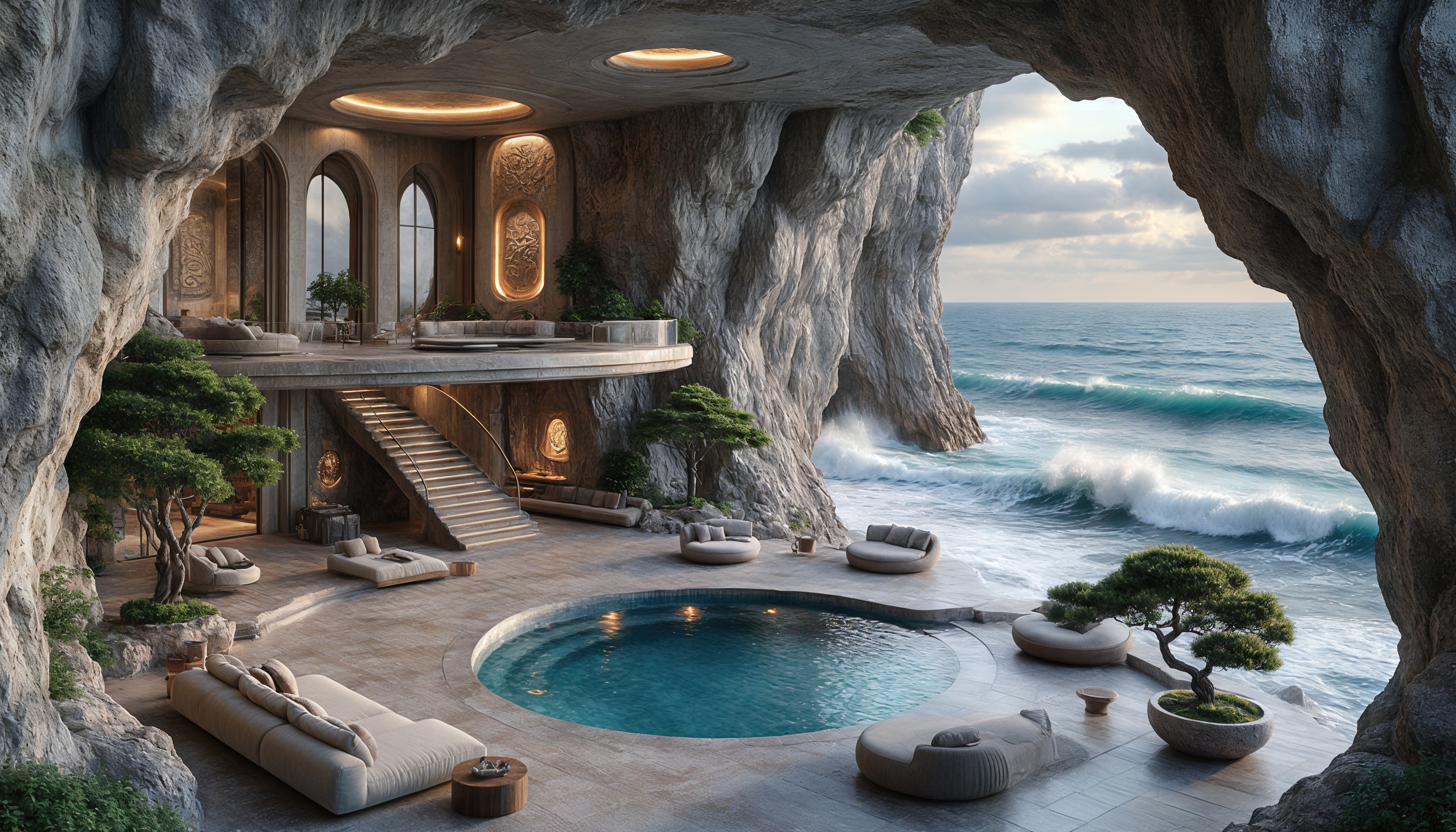 Бесплатное фото Роскошный дом в скале у моря с современным интерьером, бассейном и панорамным видом на природу.