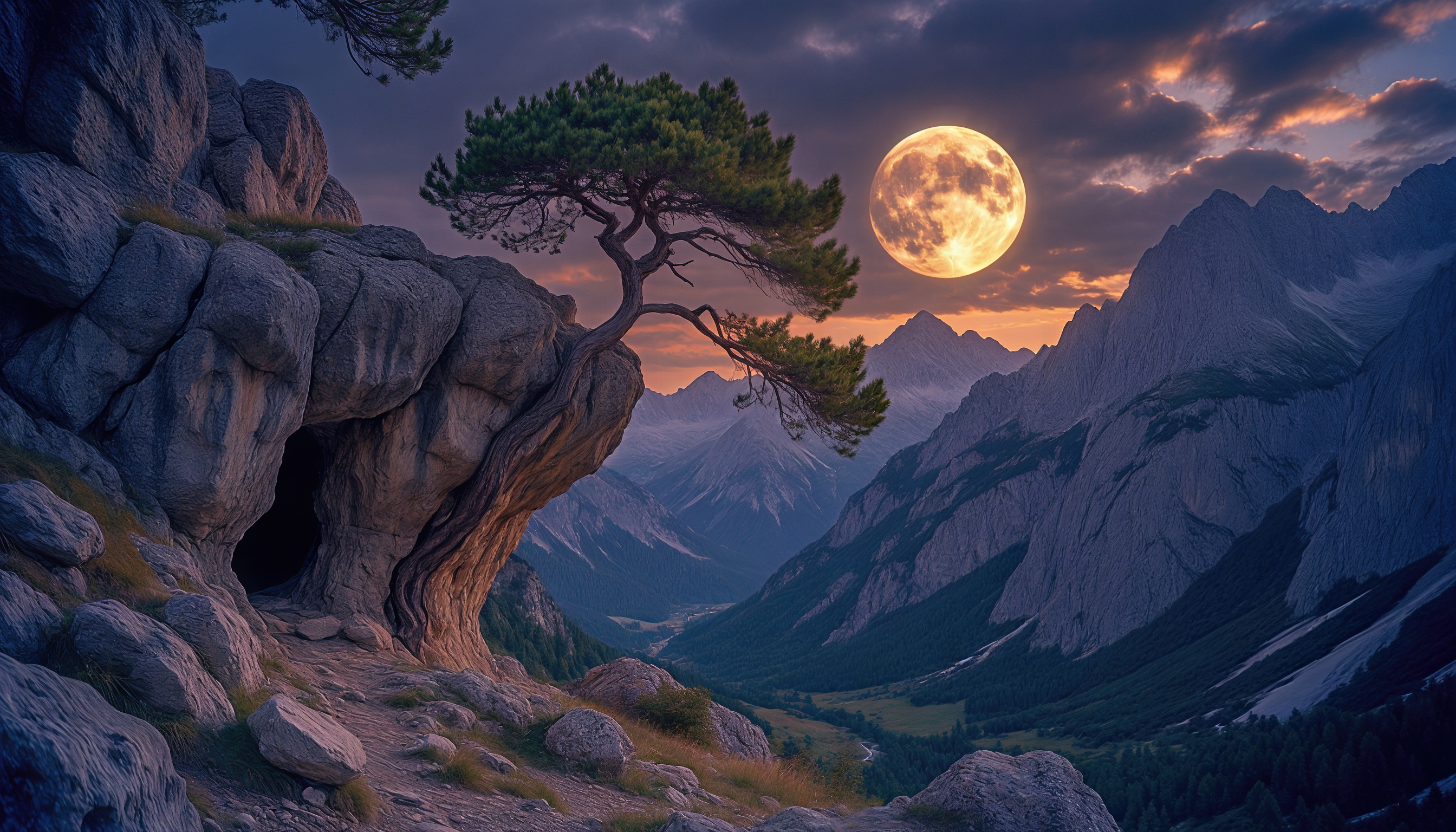 Бесплатное фото Одинокая сосна на скале сторожит пещеру и горные сумерки под сиянием полной луны